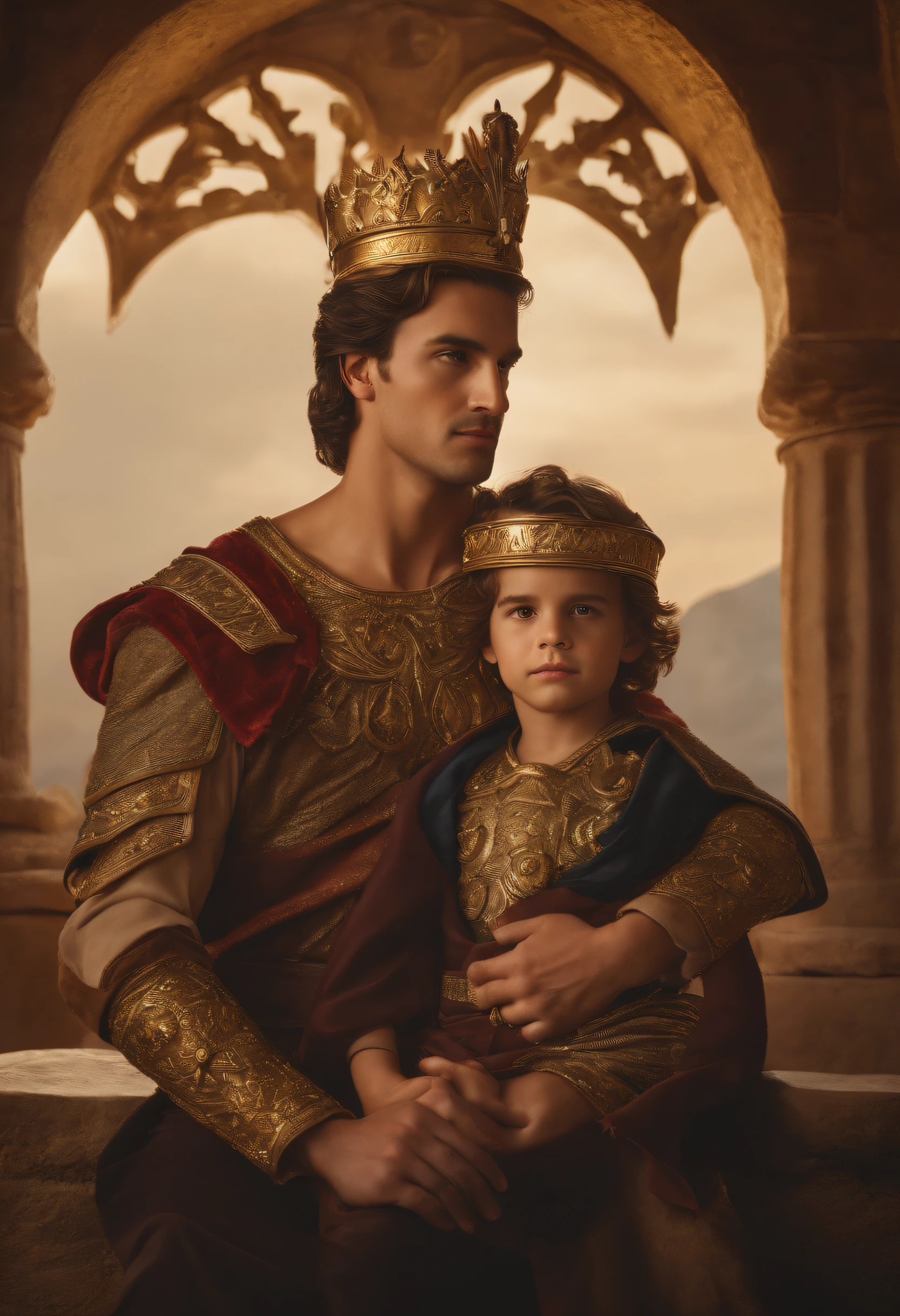 The Great King Alexander, the Warrior, Portrait with His 10-Year-Old Son, High-Quality, Ultra-Detailed, Oil Painting, Masterpiece:1.2, Realistic, Portraits, Vibrant colors, Studio Lighting, Luxurious Material, Grandeur, Historical, Proud King, Majestic Cape, Intricate Armor, Golden Crown, Detailed Facial Features, Noble Expression, Regal Posture, Castle Background, Intense Father-Son Bond, Emotional Connection, Royal Legacy, Fierce Warrior Spirit, Ancient Greece