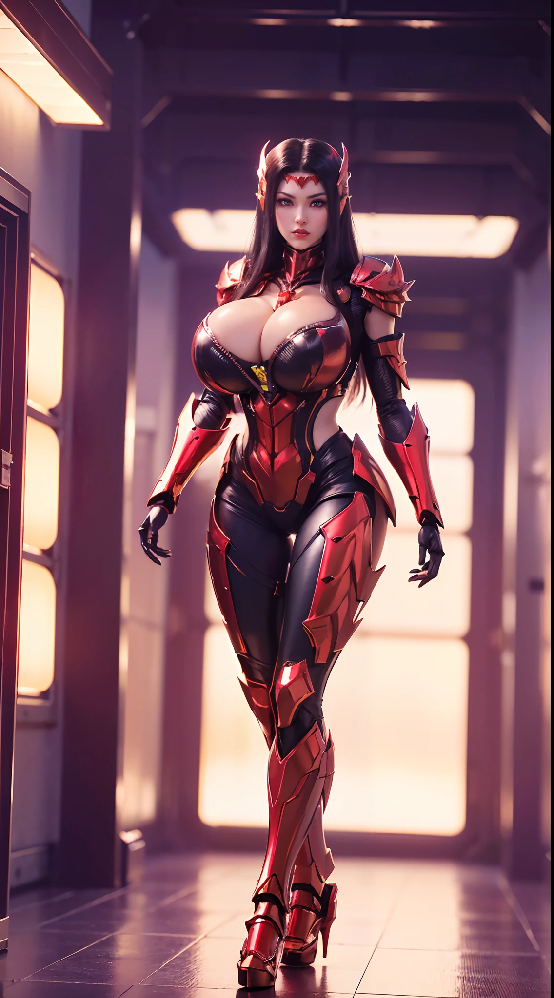 (1GIRL, ALONE, SOLO), (super detailed face), (black long hair: 0.8), ((Phoenix Head:1)), (BIG BUTTOCKS, HUGE FAKE BREASTS:1.5), (cleaveage:1.3), (muscular abs:1.2), (MECHA GUARD ARM:1.3), (WEAR RED SHINY MECHA CYBER ARMORED, BLACK MECHA SKINTIGHT SUIT PANTS, MECHA GUARD ARMOR LEGS, HIGH HEELS:1.5), (THICC MUSCULAR FEMALE BODY), (GLOWING SKIN:0.8), (LONG LEGS, FULL BODY:1.1), (LOOKING AT VIEWER:1.3), (female focus:0.886), (WALKING DOWN HALLWAY OF FUTURISTIC SPACE STATION:1), (BRIGHT LIGHT WHITEROOM:1.3), SUPER TEXTURE, UNREAL ENGINE RENDER, PHYSICALLY-BASED RENDERING, ULTRA HIGHT DEFINITION, 16K, 1080P.