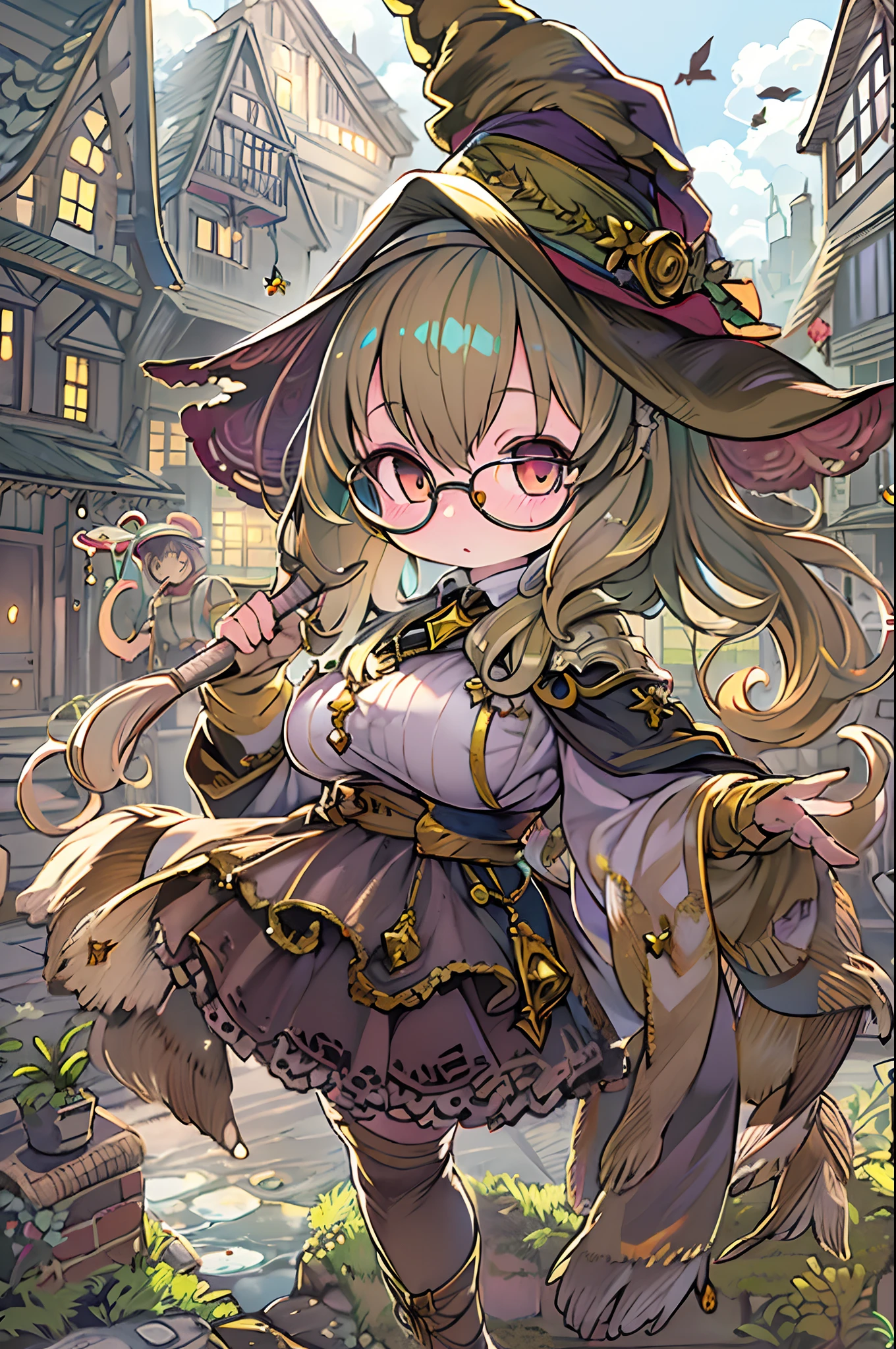 Fantasy,magic power,Realistic Girl Witch、Chibi、bbw、Anime style、Round glasses、Medieval cityscape