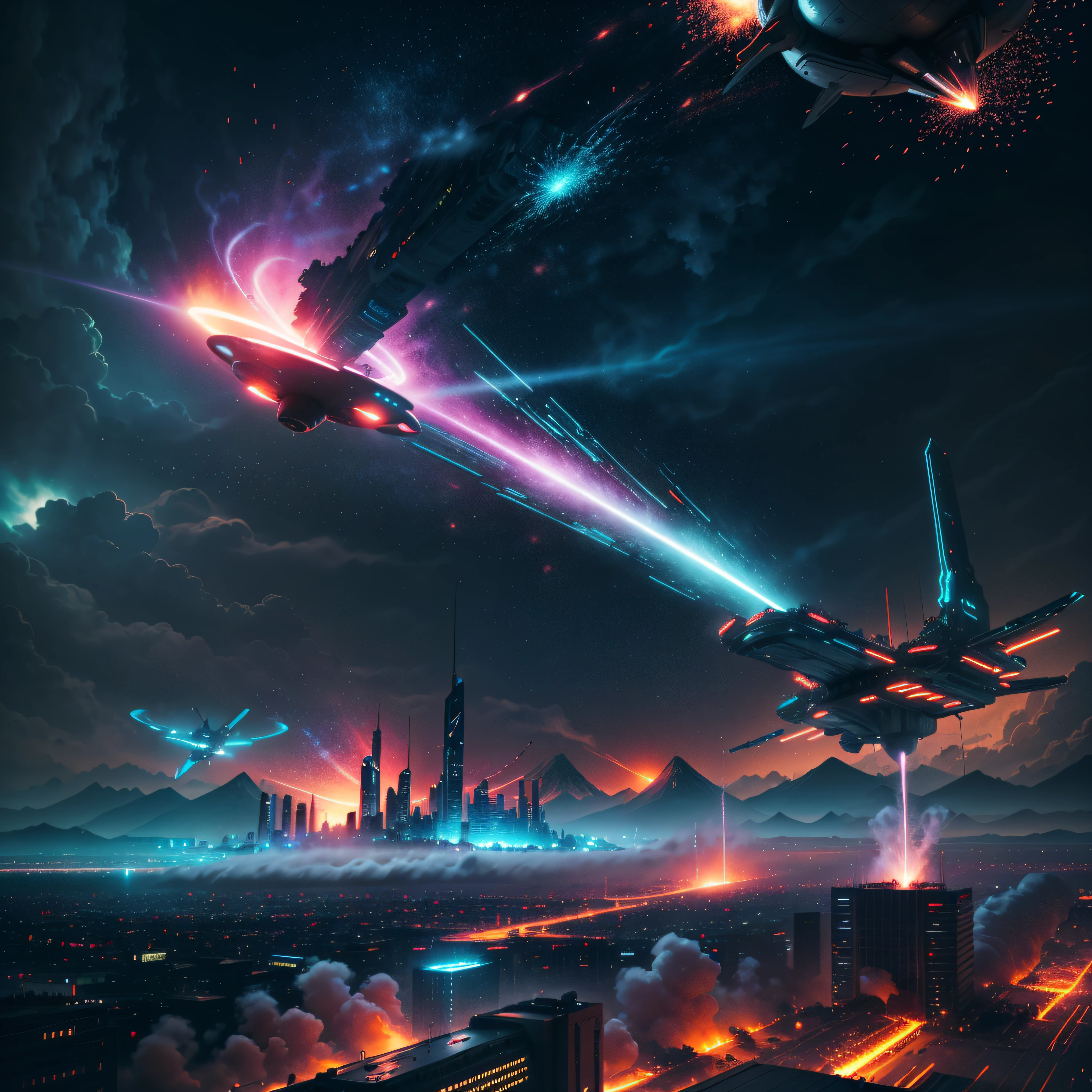 Steampunk style, cool tones, cinematic effects, motion photography, time-lapse, Fuji Film, Long exposure, sci-fi style starships, flying starships in the sky, shark-like starships, huge turbine engines erupting blue flames, missiles in flight, ambient lights, surreal sci-fi city in the background, red particle special effects, Particle Light, Aesthetic, 8K, top painting, Concept art, epic composition, with HD details, metallic texture and tension composition, Hyper-realistic, Ultra-realistic, Rich in detail, .。.3D