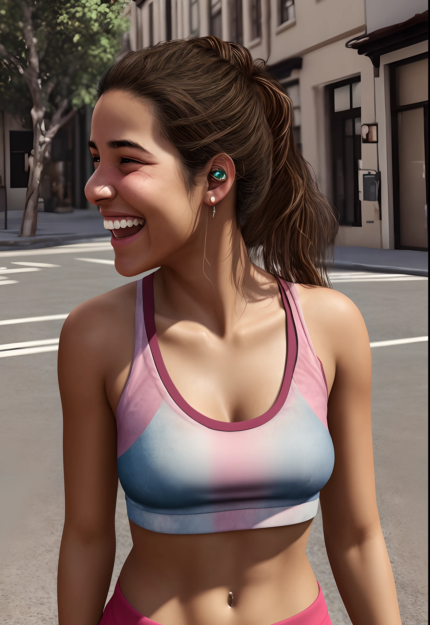 Photorealistically, photograph of a sweaty latino girl, on a street worn out tank top, looking to me and laughing, her breast size is over 200cm. anatomically corirct, hyper-realistic, 8k