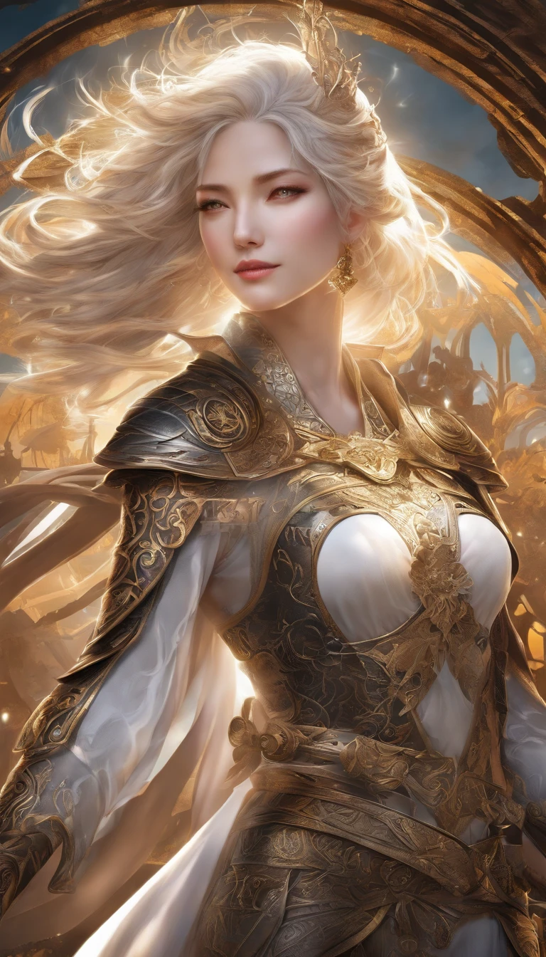 detailed armor, golden and black engraved metallic armor, intricate designs on the armor, intricate armor engravings, imposing and powerful stance, fierce , flowing short white hair, dynamic pose, intense battle scene, fantasy setting, vibrant colors, dramatic lighting, epic atmosphere, mythical creatures in the background, magical effects surrounding the sword, attention to anatomy and facial features, iconic use of highlights and shadows, capturing emotion, masterful composition, portraying strong female characters. (best quality, 4k resolution, highres, ultra-detailed, photorealistic:1.37), HDR lighting, studio-quality rendering, professional-quality artwork based on yoshitaka amano work.