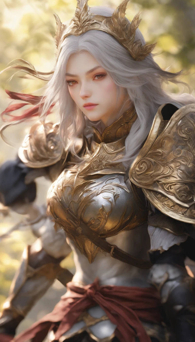 detailed armor, golden and black engraved metallic armor, intricate designs on the armor, intricate armor engravings, imposing and powerful stance, fierce , flowing short white hair, dynamic pose, intense battle scene, fantasy setting, vibrant colors, dramatic lighting, epic atmosphere, mythical creatures in the background, magical effects surrounding the sword, attention to anatomy and facial features, iconic use of highlights and shadows, capturing emotion, masterful composition, portraying strong female characters. (best quality, 4k resolution, highres, ultra-detailed, photorealistic:1.37), HDR lighting, studio-quality rendering, professional-quality artwork based on yoshitaka amano work.
