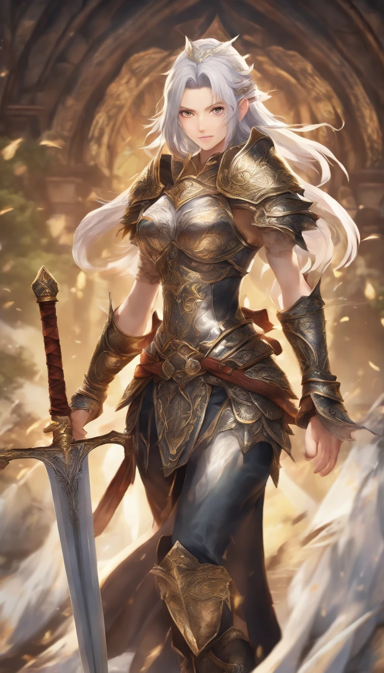 detailed armor, golden and black engraved metallic armor, intricate designs on the armor, intricate armor engravings, imposing and powerful stance, fierce , flowing short white hair, dynamic pose, intense battle scene, fantasy setting, vibrant colors, dramatic lighting, epic atmosphere, mythical creatures in the background, magical effects surrounding the sword, attention to anatomy and facial features, iconic use of highlights and shadows, capturing emotion, masterful composition, portraying strong female characters. (best quality, 4k resolution, highres, ultra-detailed, photorealistic:1.37), HDR lighting, studio-quality rendering, professional-quality artwork based on yoshitaka amano work.