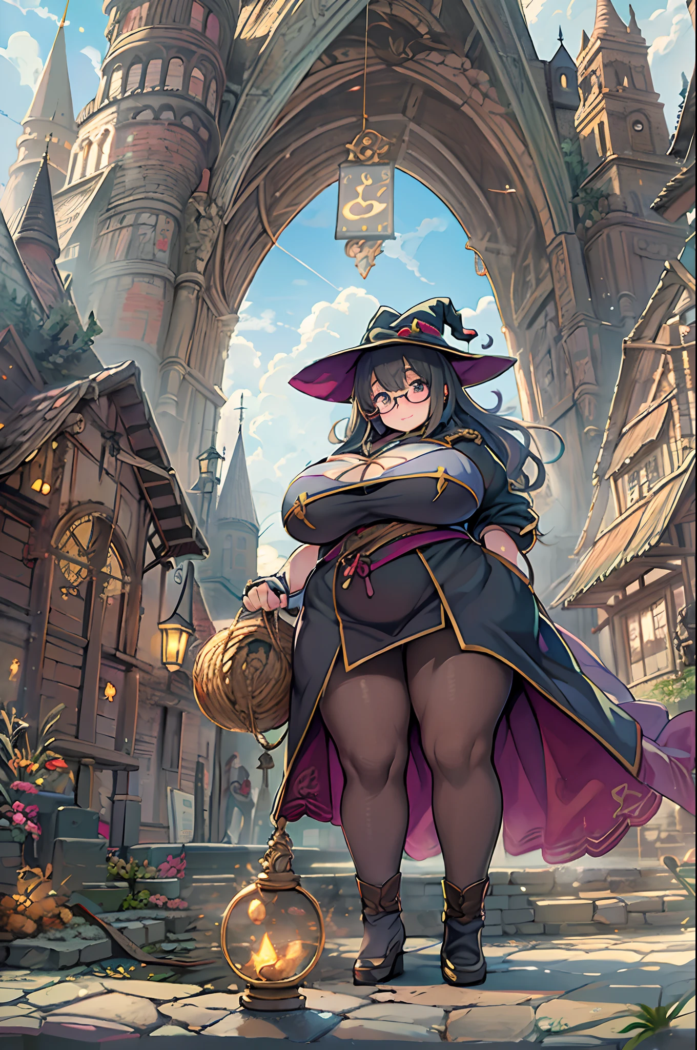 Fantasy,magic power,Realistic Girl Witch、bbw、huge-breasted、Anime style、Round glasses、Medieval cityscape