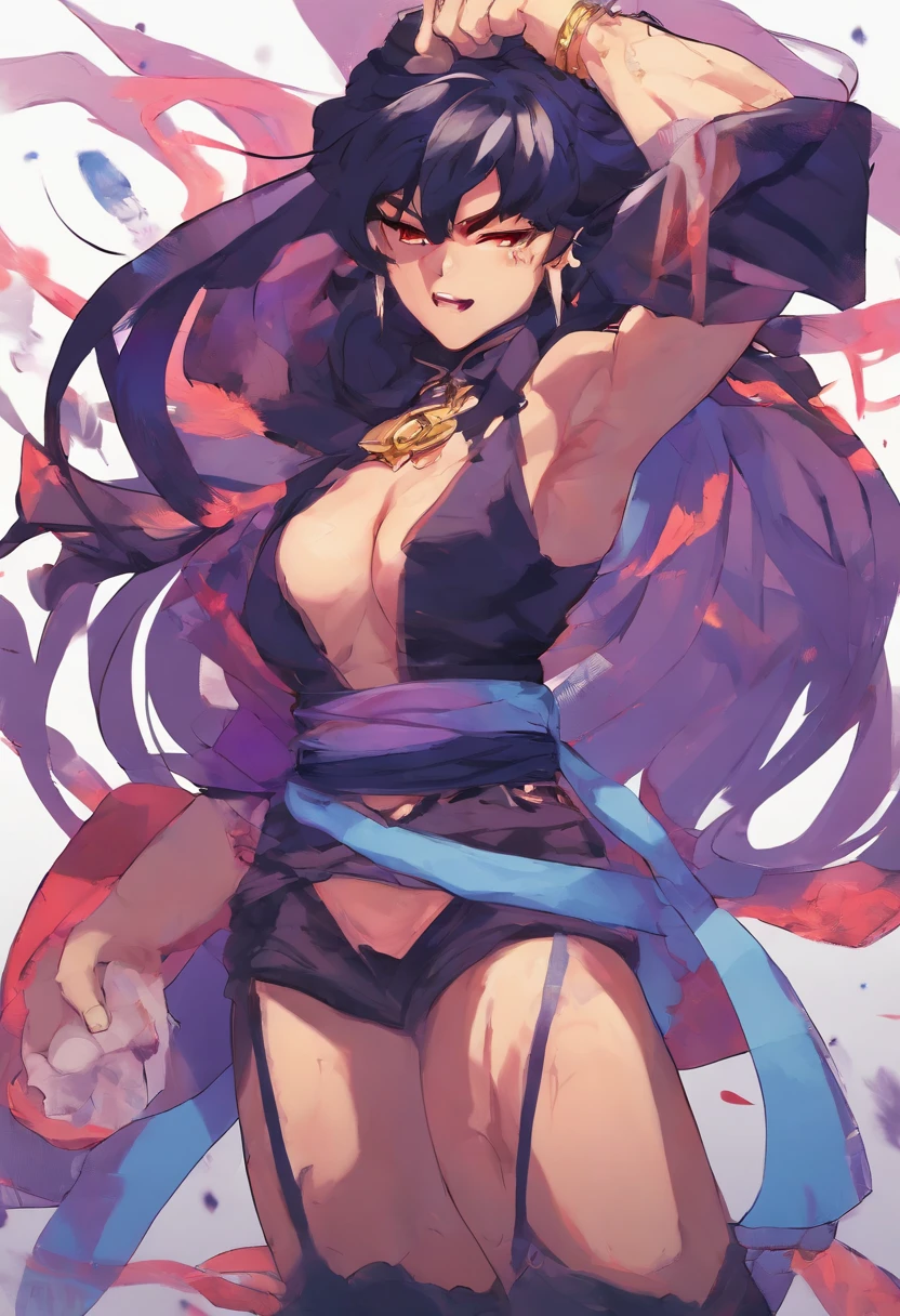 1Mujer, pelo azul oscuro y la piel blanca, ojos blancos, peinado Hime cut, cabello largo, blusa sin mangas tipo kimono de color lavanda oscuro, atado con un obi color purpura oscuro, as well as navy blue shorts, calzas negras translucidas que dejan ver parte de su muslos, botas largas negras, pechos grandes