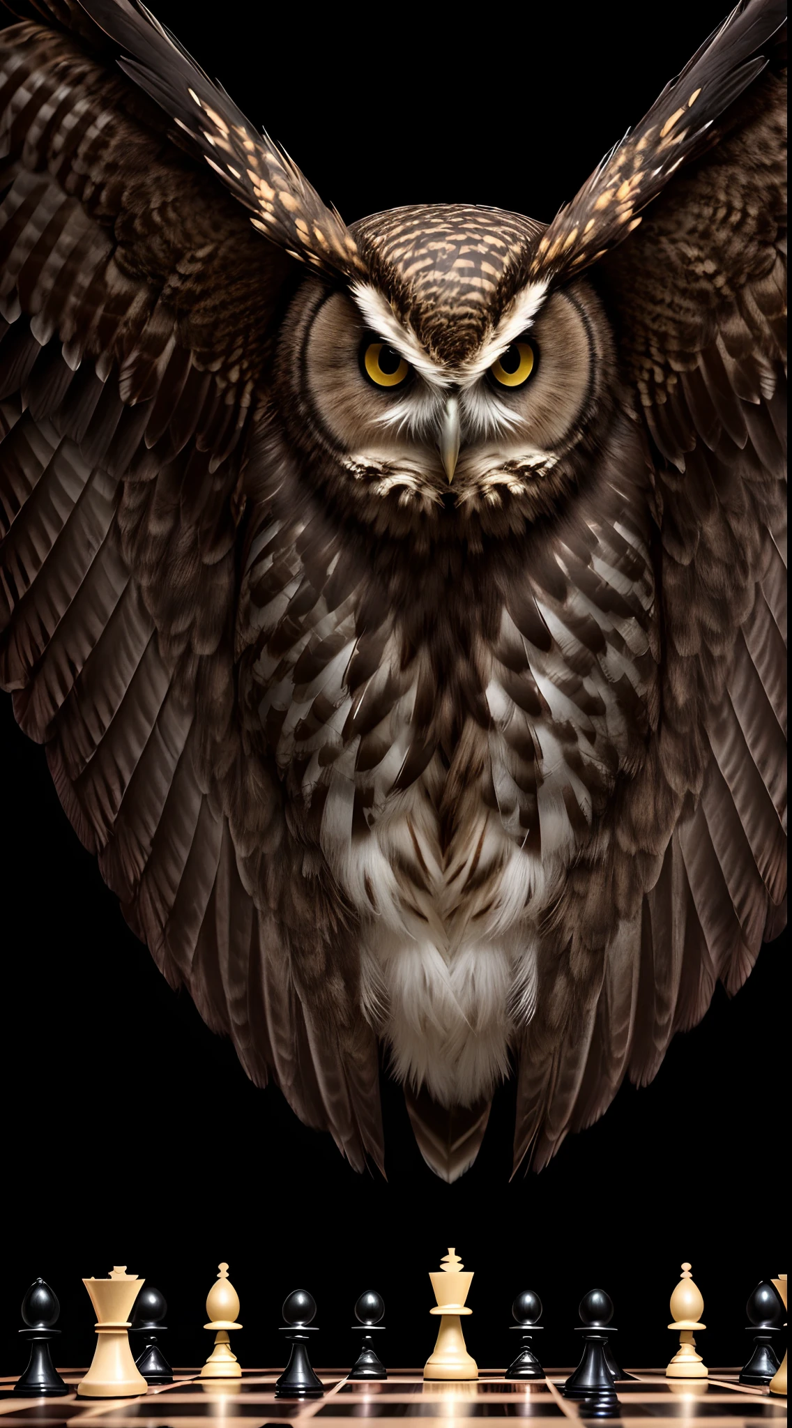 Altas,14k,HDR,1girl, fotorrealista, Realistic, Photo RAW, realístic two a computer wallpaper with only one owl:1.3 imposing with a mysterious look, wings open wings and claws in POWERFUL position, insanely detailed photography super detail, ccurate, best quality, UHD, master piece, looking_to_viewer:1.3 ccurate, high quality, High details, Wallpapper , looking at camera, Super Detail, Awarded, best quality, Feathers in very high texture detail, 16k, hyper detailed, intrinsically detailed, artstation trend, luxury, volumetric lighting, best shot, F/1.2, best quality, Awarded, 16k, Super Detail, UHD, Fujifilm,, Chess-erased-dark-background:1.4 Realistic,,, Perfect lighting, high quality, filmic grain, fujifilm XT | 16k, cinemactic,