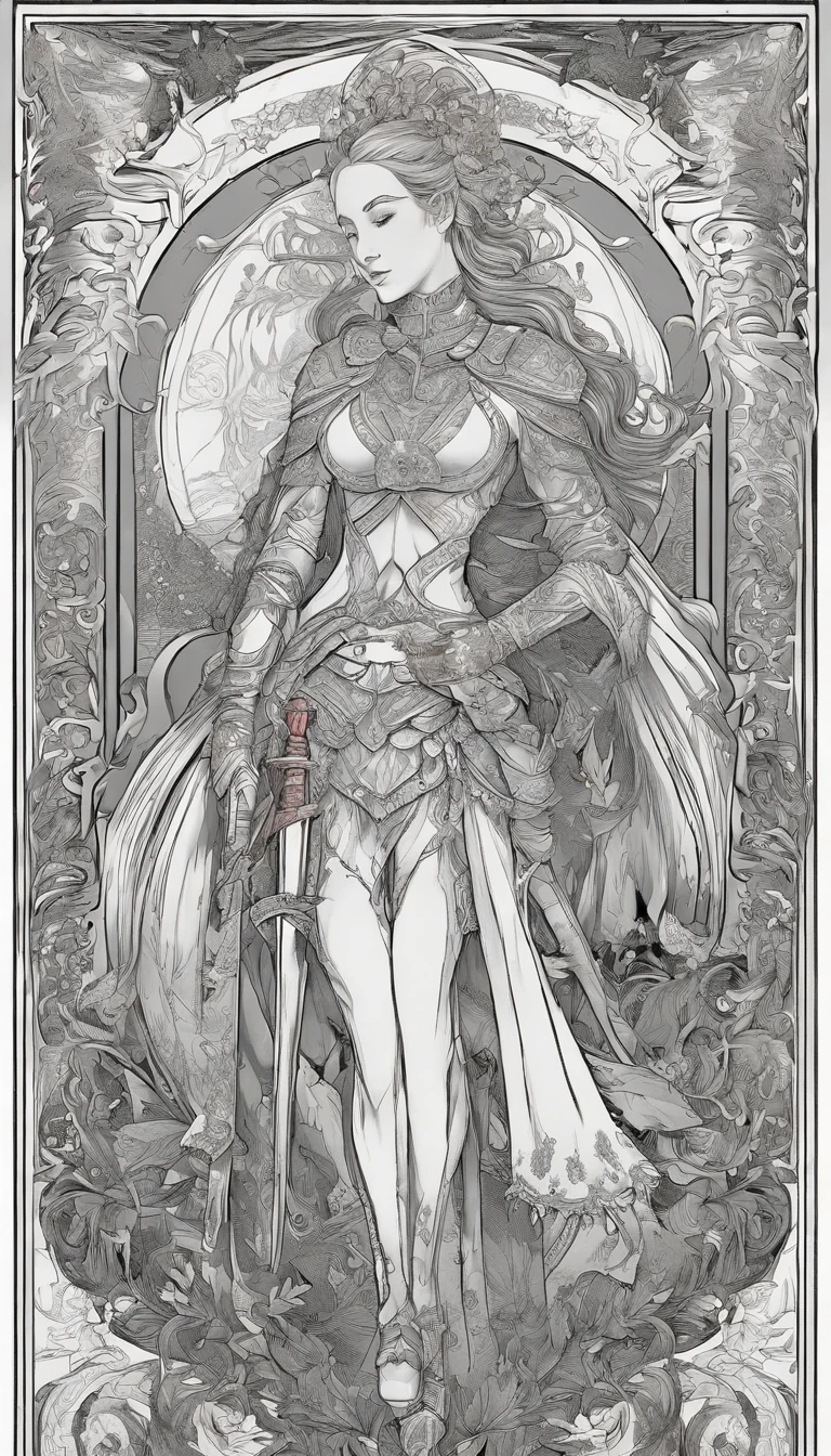 detailed armor, black and white engraved metallic armor with gold ascents , intricate designs on the armor, intricate armor engravings, imposing and powerful stance, fierce , flowing short white hair, dynamic pose, intense battle scene, fantasy setting, vibrant colors, dramatic lighting, epic atmosphere, mythical creatures in the background, magical effects surrounding the sword, attention to anatomy and facial features, iconic use of highlights and shadows, capturing emotion, masterful composition, portraying strong female characters.