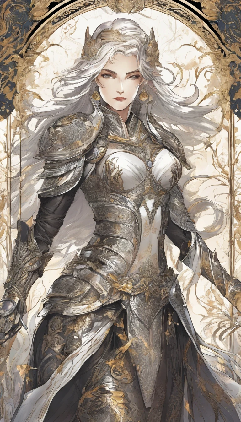 detailed armor,  black and white engraved metallic armor with gold ascents , intricate designs on the armor, intricate armor engravings, imposing and powerful stance, fierce , flowing short white hair, dynamic pose, intense battle scene, fantasy setting, vibrant colors, dramatic lighting, epic atmosphere, mythical creatures in the background, magical effects surrounding the sword, attention to anatomy and facial features, iconic use of highlights and shadows, capturing emotion, masterful composition, portraying strong female characters.