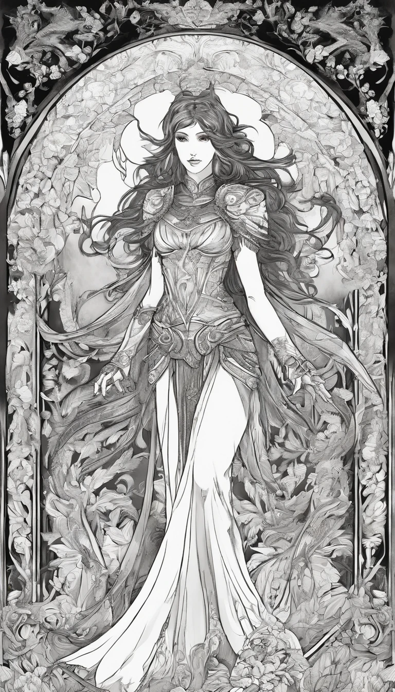 Vivid colors, detailed armor, engraved metallic armor white and black with gold ascents , intricate designs on the armor, intricate armor engravings, imposing and powerful stance, fierce , flowing short white hair, dynamic pose, intense battle scene, fantasy setting, vibrant colors, dramatic lighting, epic atmosphere, mythical creatures in the background, magical effects surrounding the sword, attention to anatomy and facial features, iconic use of highlights and shadows, capturing emotion, masterful composition, portraying strong female characters.