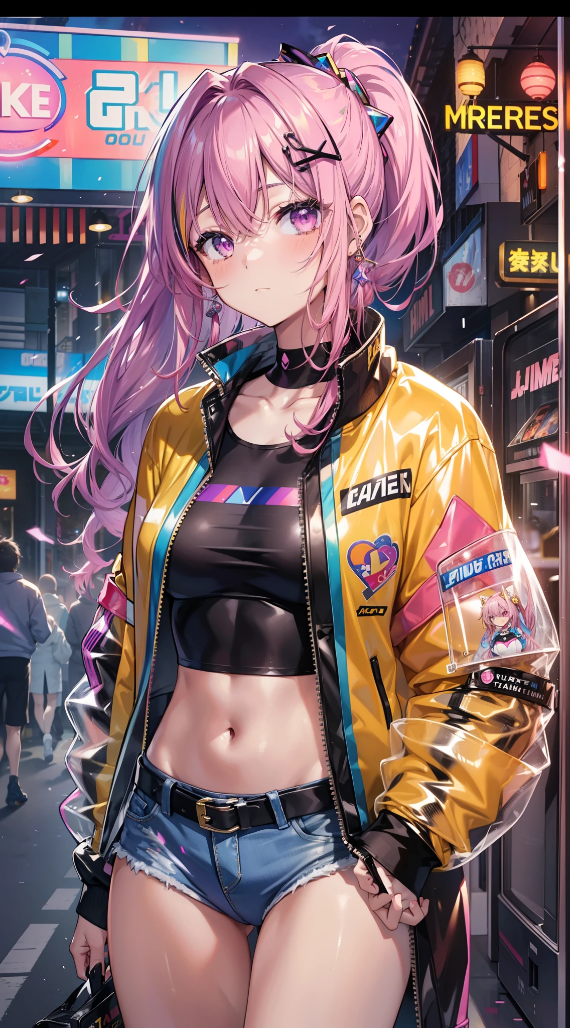((Masterpiece)), best quality, absurderes, ultra detailed, holographic, cowboy shot, golden ratio, super cute girl, mature girl, idol girl, super beautiful asian girl with very beautiful violet glowing eyes, beautiful glowing brown multicolored hair, high ponytail, nice and sexy body, slim body, perfect body, wearing a super tight anime printed leotard, an anime printed super tight off shoulder long sleeve crop top, a super aesthetic transparent mini jacket, beautiful hair ornament, pink jordan tennis, playing with her handsome otaku skinny boyfriend, with black messy glowing hair, in the arcade games