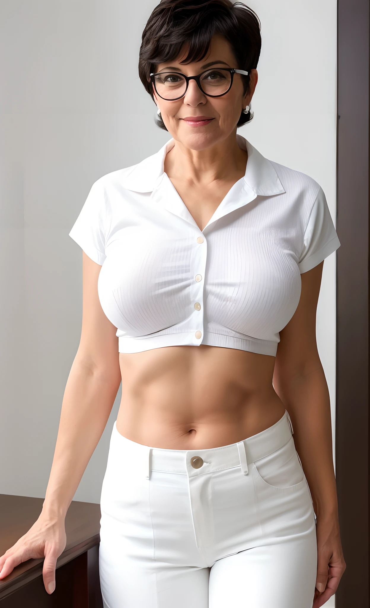 bespectacled very elderly older mature master cheeky lady brazenly wears a very skimpy midriff-shirt with a deep unglued V-neck, low rise sailor pants, very short shaved black mature woman haircut, deep and drop-shaped big navel!