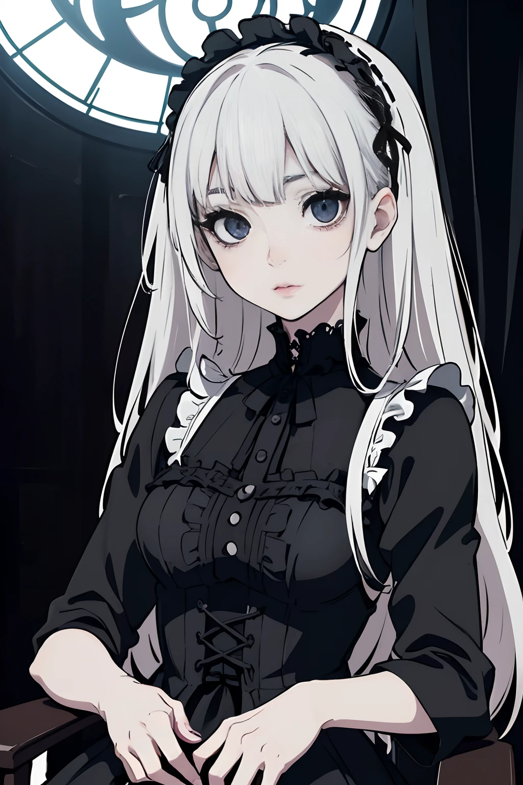 (best quality, ultra-detailed),(gothic Lolita style, gothic Lolita girl, 1girl:1.1),(beautiful detailed eyes,beautiful detailed lips,extremely detailed eyes and face,longeyelashes),(pale skin, white skin, porcelain skin),(eyebags, bags under eyes, blunt bags),(straight hair),(vintage dresses),(lace accessories),(frilly socks),(doll-like appearance),(dark color palette),(hauntingly beautiful),(soft lighting),(mysterious atmosphere)