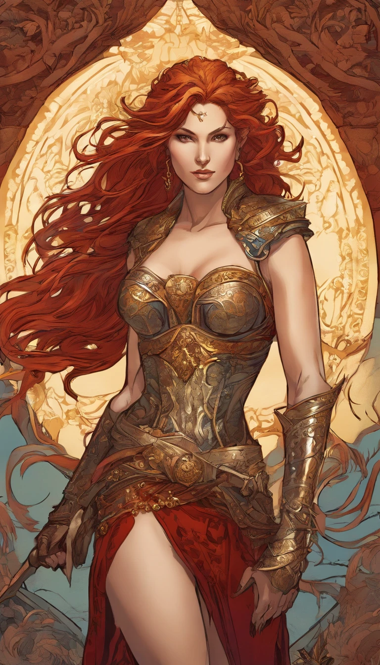 Tall muscled defined woman, barbarian, detailed armor, red and gold engraved leather armor, intricate designs on the armor, intricate armor engravings, imposing and powerful stance, fierce expression, red wild mane braided hair, dynamic pose, intense battle scene, fantasy setting, vibrant colors, dramatic lighting, epic atmosphere, mythical creatures in the background, magical effects surrounding the sword, attention to anatomy and facial features, iconic use of highlights and shadows, capturing emotion, masterful composition, portraying strong female characters.