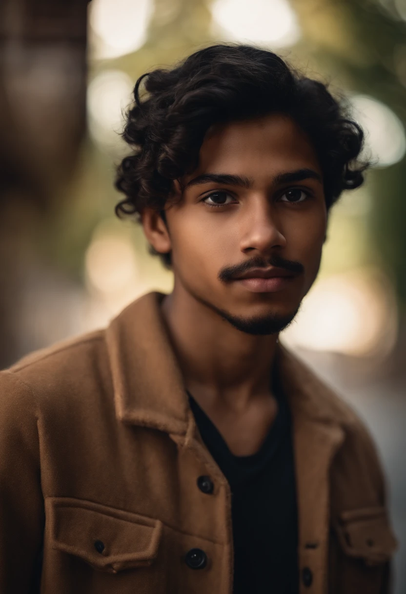 Portrait of a 17-year-old boy with black beard, black hair and light brown skin