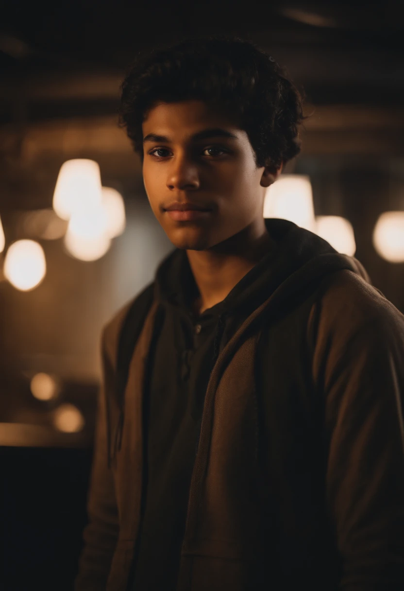 Portrait of a 17-year-old boy with black beard, black hair and light brown skin