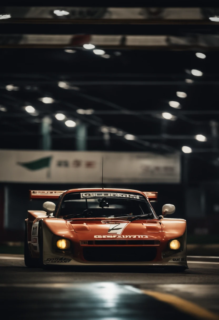Create a portrait of a Japanese racing car from the 70's, realizando drift em uma pista de asfalto durante a noite