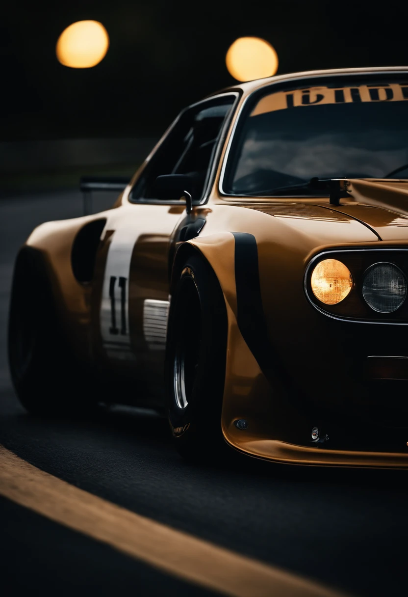 Create a portrait of a Japanese racing car from the 70's, realizando drift em uma pista de asfalto durante a noite