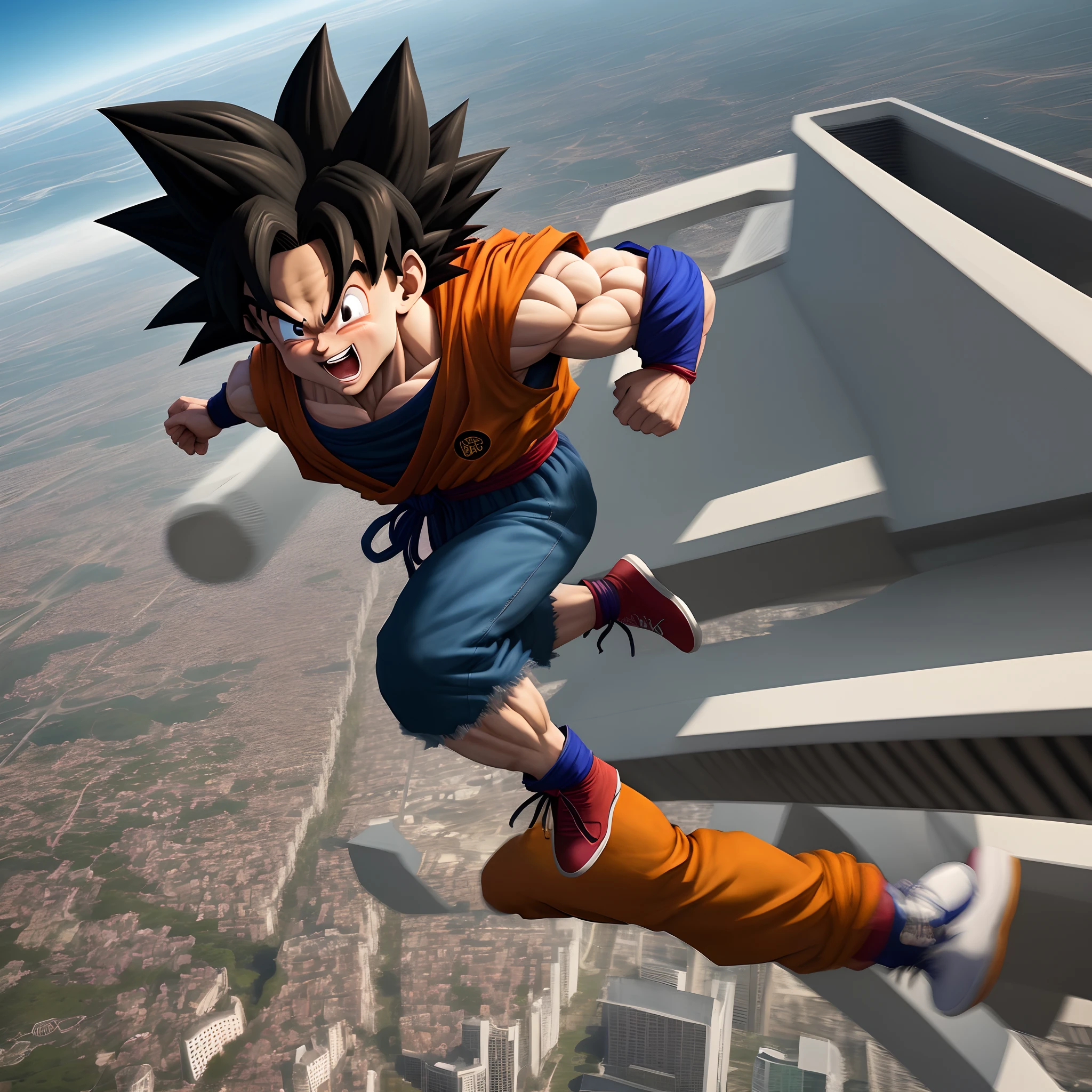 Goku andando em ma cidade futurista