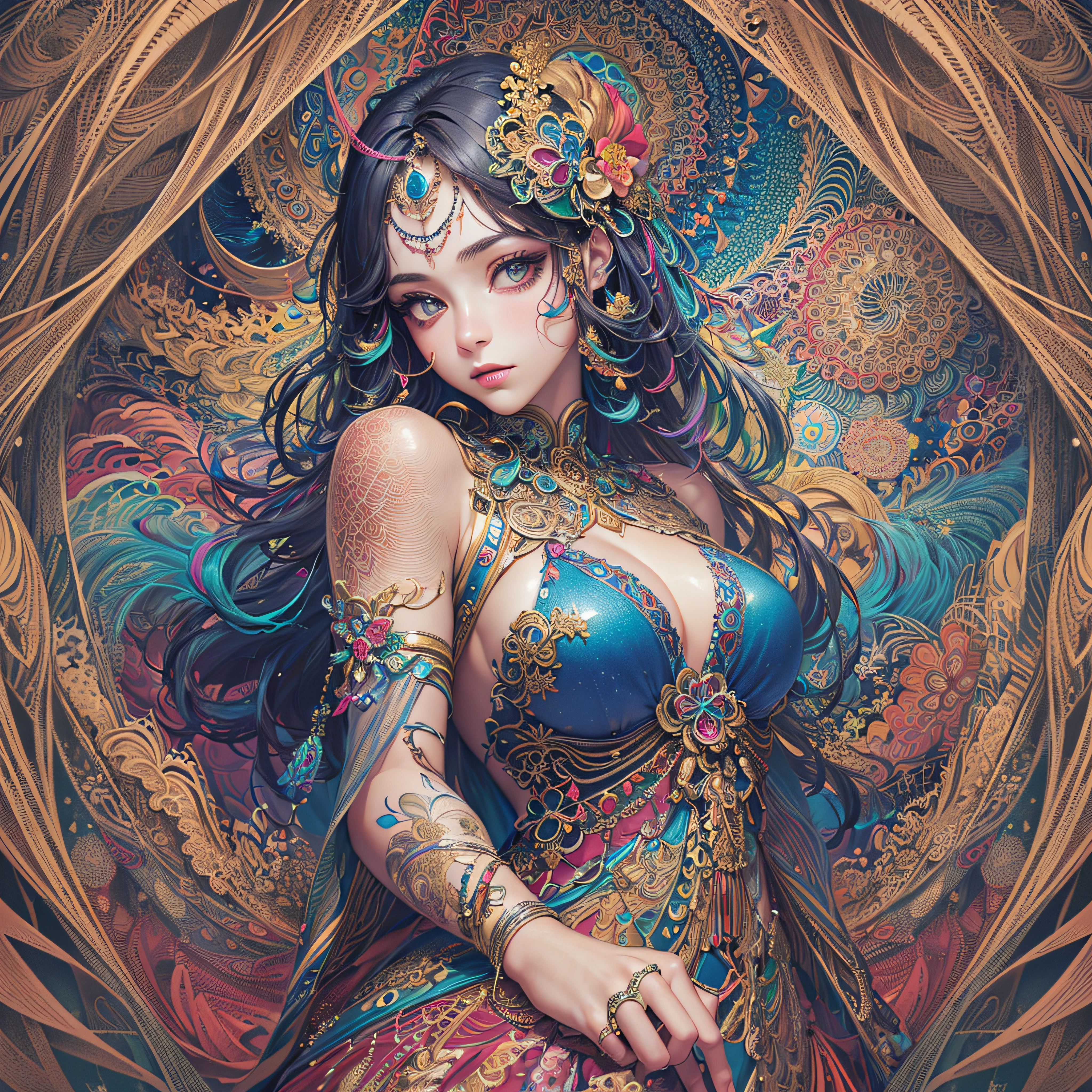 (masterpiece, top quality, best quality, official art, beautiful and aesthetic:1.2), (1girl:1.3), extremely detailed,(fractal art:1.2),colorful,highest detailed,(zentangle:1.2), (dynamic pose), (abstract background:1.5), (treditional dress:1.2), (shiny skin), (many colors:1.4), upper body
