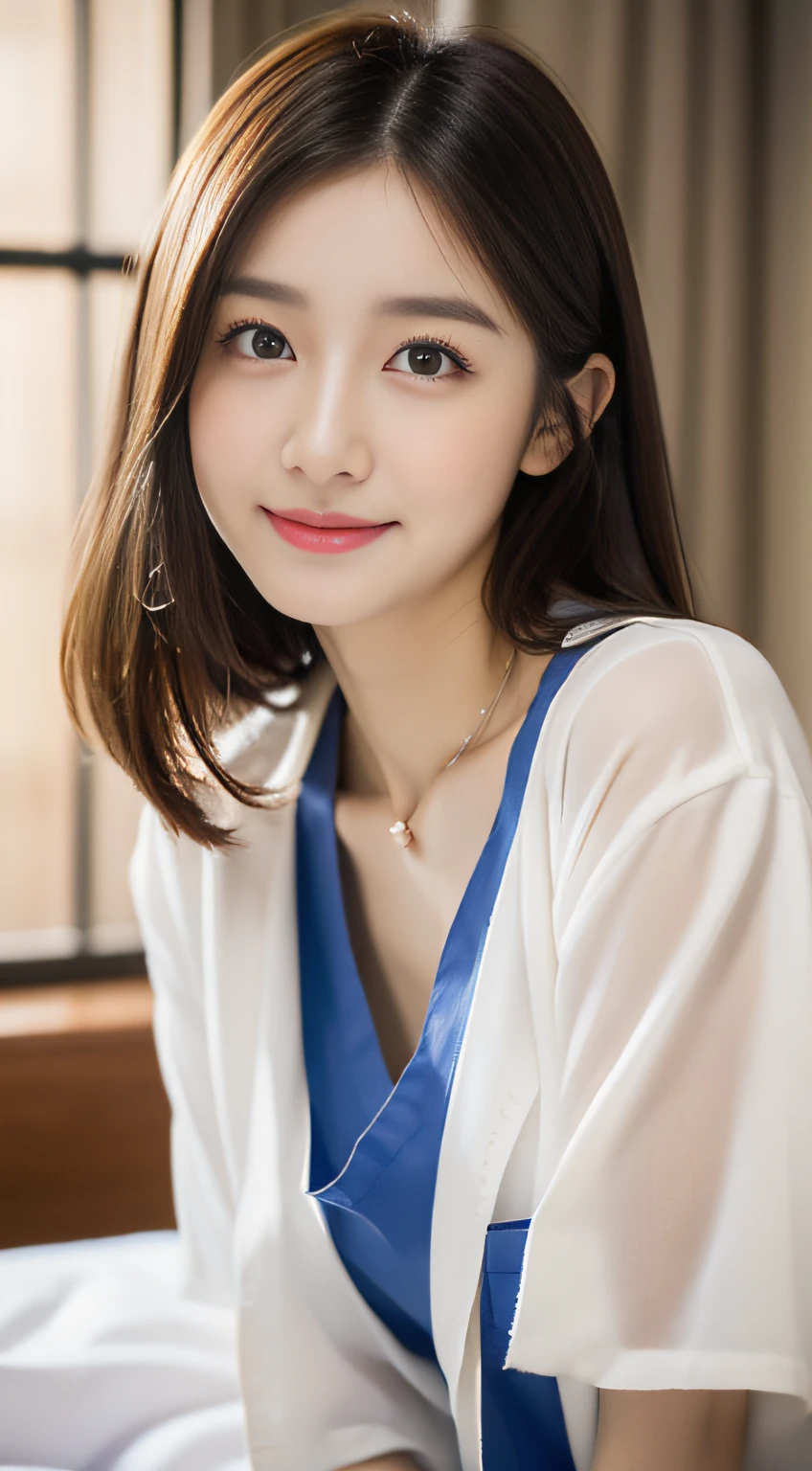 (Very high resolution at 32K, high detailing, highly accurate, masutepiece,a beauty girl1a person,Lori:1.4),Photography & realistic atmosphere,shinny skin,Beautiful skin,fine-grained white skin,Detailed face,Detailed eyes、Very beautiful eyes with azure eyes,Detailed lips、Very beautiful face,Very well-formed face、Lifelike face,shiny beautiful lips,Beautiful eyebrows,Best Natural Makeup,Japan idle,韓国アイドル,Very beautiful nurse woman,Very beautiful girl,(well-shaped breasts、Thighs exposed from nurse's uniform,a necklace:1.5),(Sitting backwards、Wearing a white nurse's uniform,16 years old Very cute Japan nurse Beautiful girl,Crawling on all fours in a hospital bed:1.6),(Sexy Nurse Booth:1.5),(Beautiful shortcuts in brown color,Eyes are moisturized,Gentle smile:1.3),Beautiful immature body, Innocence,((photorealisim,camera)),Reality Live Action,Glossy nail art,(beauty legs,camel's foot,Backshots,Turned,超A high resolution,Natural and realistic face,and soft natural lighting,Back lighting,Pure eyes are too cute:1.4)