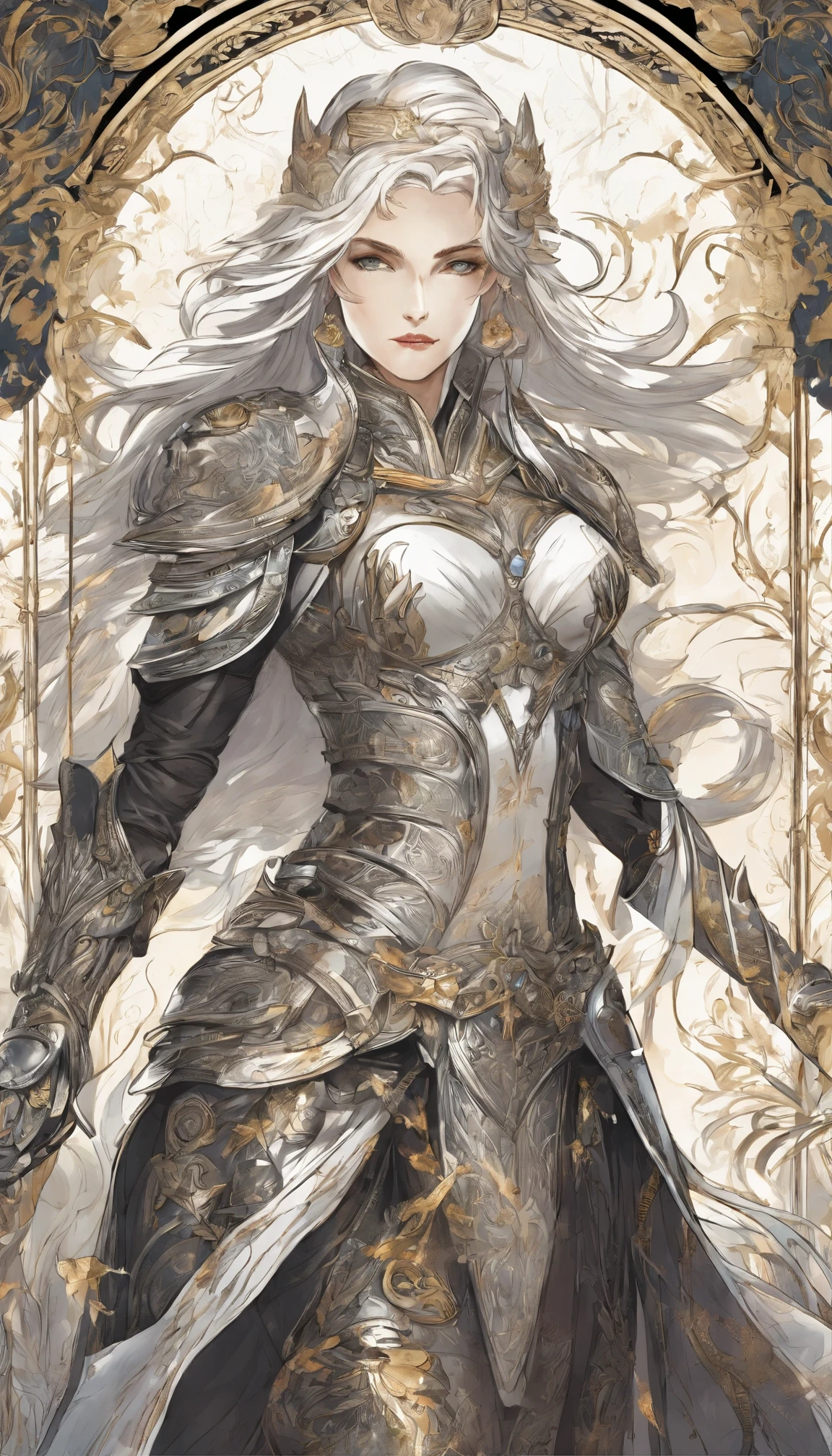 detailed armor, black and white engraved metallic armor with gold ascents , intricate designs on the armor, intricate armor engravings, imposing and powerful stance, fierce , flowing short white hair, dynamic pose, intense battle scene, fantasy setting, vibrant colors, dramatic lighting, epic atmosphere, mythical creatures in the background, magical effects surrounding the sword, attention to anatomy and facial features, iconic use of highlights and shadows, capturing emotion, masterful composition, portraying strong female characters.