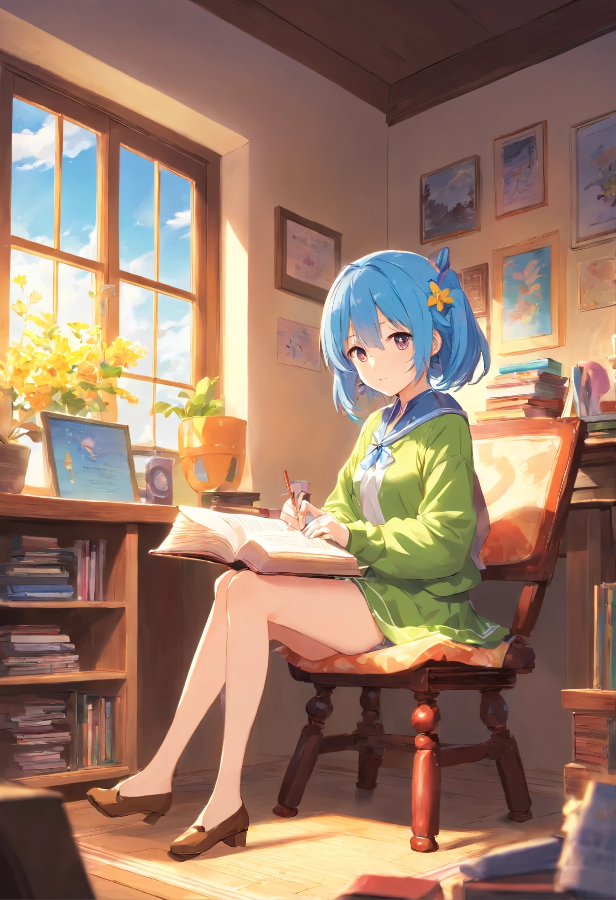 chica llamada Rem del anime Re:Zero, obra maestra, mejor calidad, Still film, primer plano, brillante, feliz, soft warm lighting, He's in a room studying reading a book, sentada en una silla en un escritorio (chispas: 0,7)