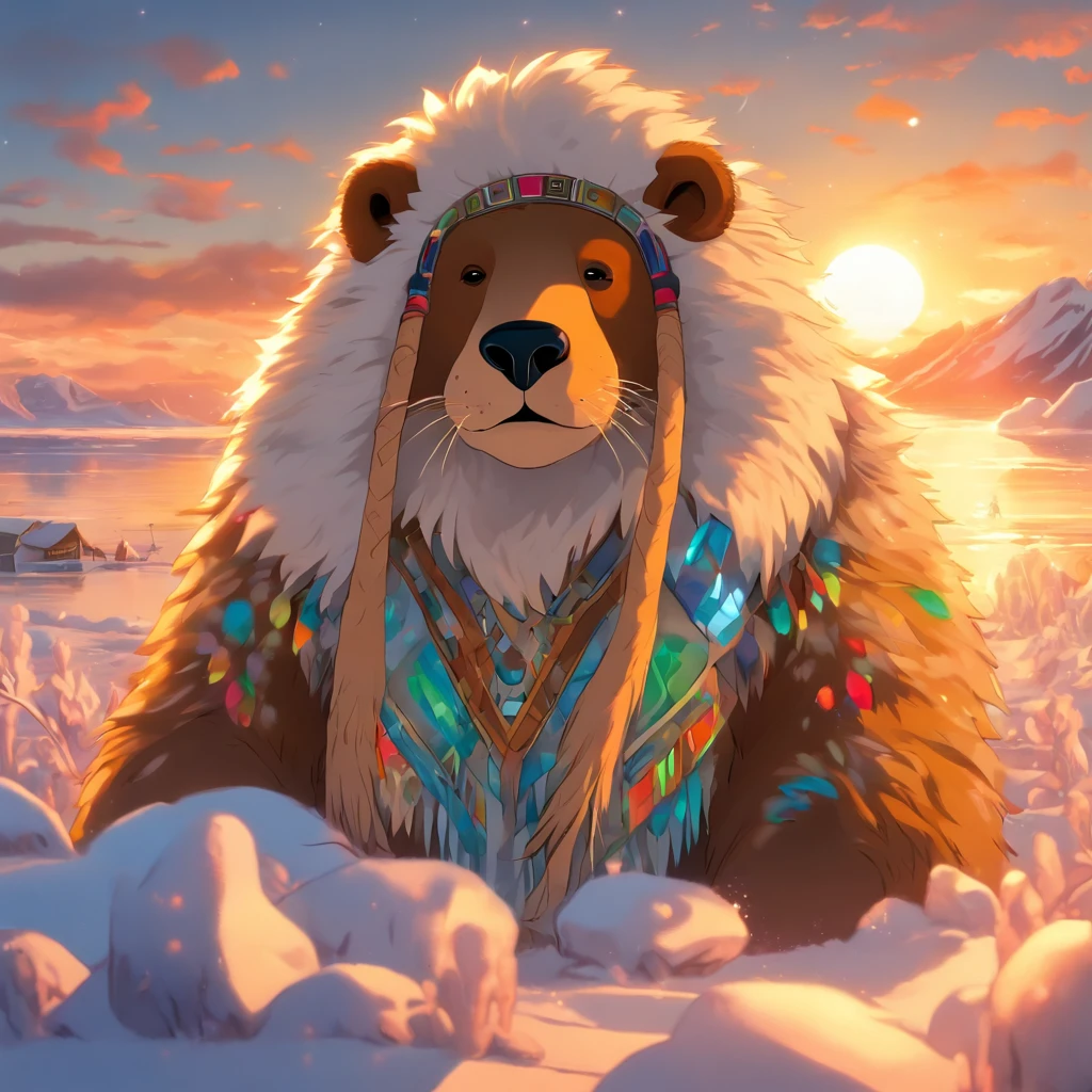 Spring Tundra, Clear sky and blowing wind blowing hair, Birds are flying, Old Yakut - Chukchi, Aleutian, in national clothes made of animal skins and fur with bright colored ornaments, Hood with fur folded back, The wind develops bright ribbons with national beaded patterns, Sits on a large genuine leather bag, On a huge ice floe of iceberg next to a small jukebox, Smiling. On the ears are worn futuristic music audio headphones with glowing wires for music. The ocean in the background. There are a lot of walruses nearby, Wild Polar Bears. Masterpiece, hiquality, High Resolution, Detailed background, sun rising,