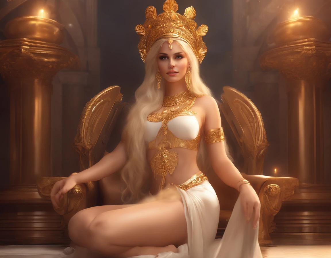 a beautiful greek goddess afrodita on her throne,goddess afrodita,beautiful detailed eyes,beautiful detailed lips,extremely detailed eyes and face,longeyes,lashes,perfect female body,coquettish smile,seductive gaze,greek mythology,high quality,8k,photorealistic,cinematic lighting,dramatic colors,chiaroscuro,elegant,intricate details,volumetric lighting,realistic skin texture