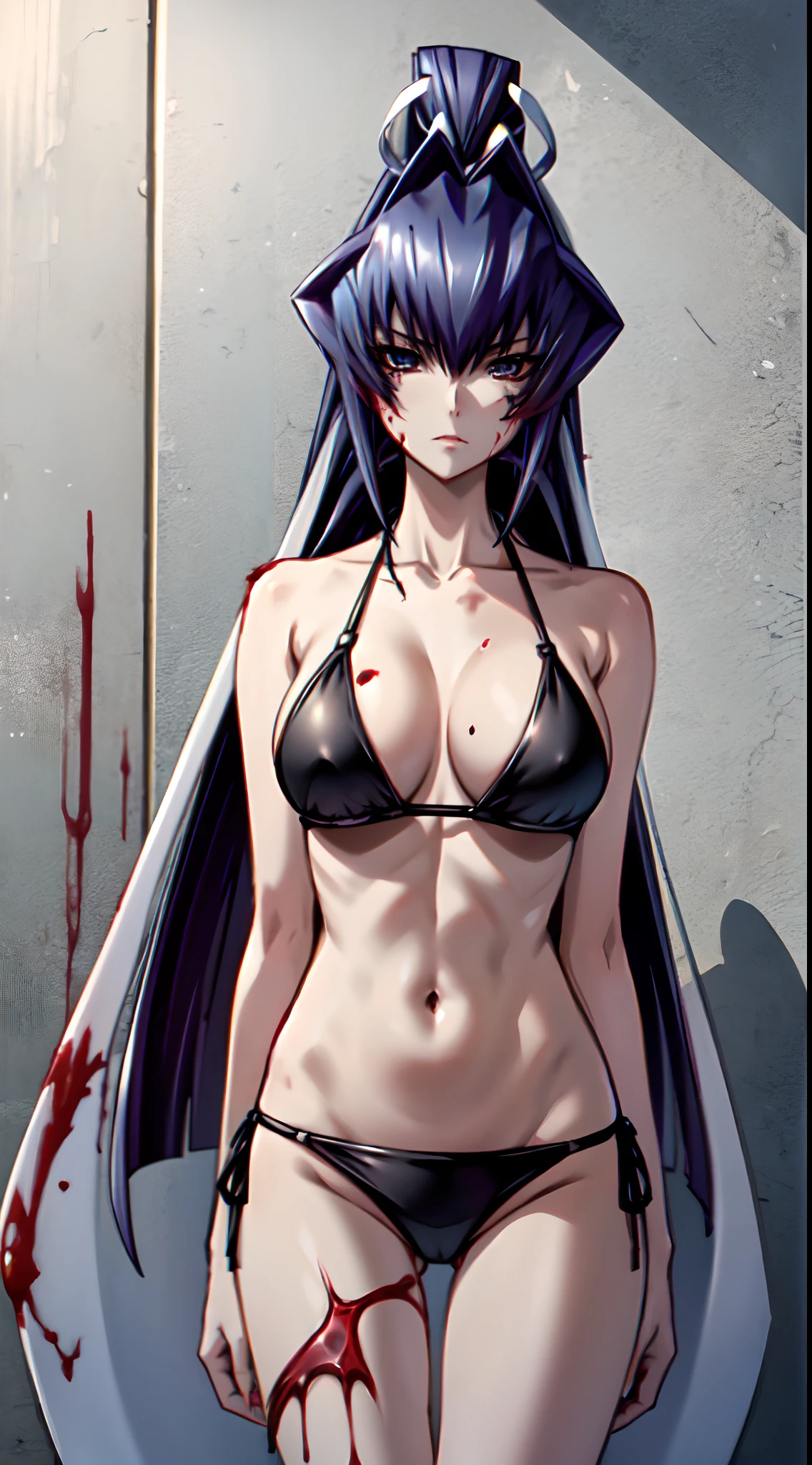 Anime girls with black hair,Brazilian bikini(String Bikini),Women height 170 cm..,long hair in a ponytail,,,,There are blood stains on the body...,(Blood)Head to thigh image