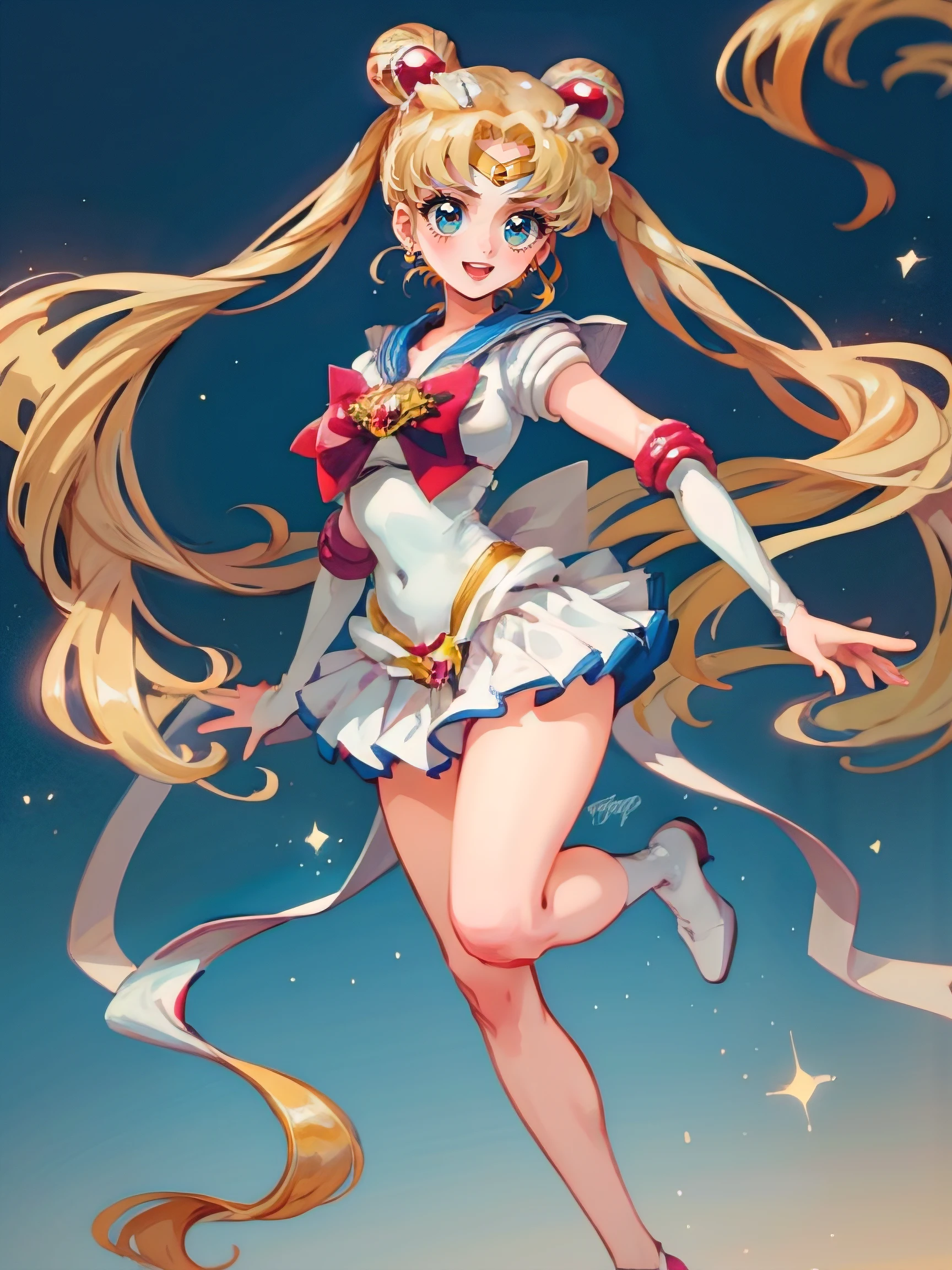 Obra maestra, La mejor calidad, absurdos, antomy perfecto, 1girl, solamente, SMMoon, 1990's \(estilo\), rubia sailor moon, En pie, They are smiling, Disparo de vaquero, Uniforme Sailor Senshi, Collar de marinero, falda azul, guantes de codo, en postura de espalda, Show off your loot, Backwards, No hay tanga Big Booty, Ultra minifalda ( Postura de la espalda, Backwards, Show her booty)