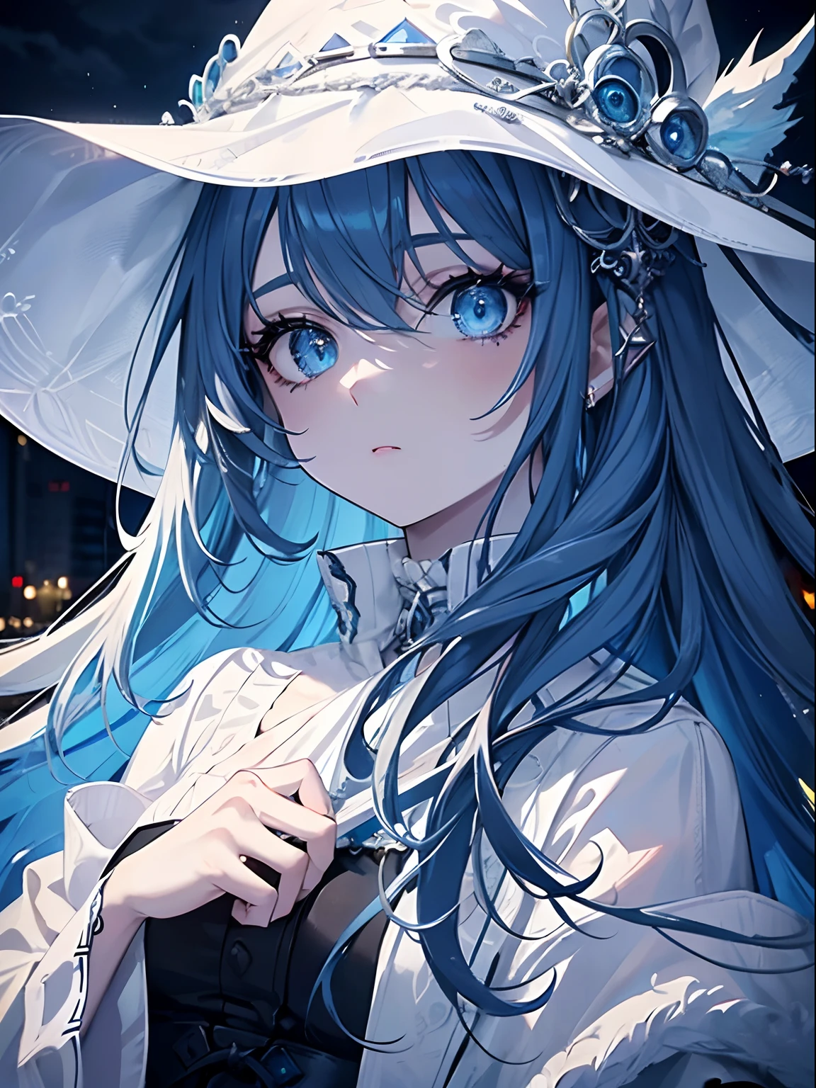 (masterpiece,best quality,ultra-detailed),1girl,medium long hair,blue hair,vibrant color hair,white witch rock punk outfit, white witch hat,beautiful and detailed face, detailed eyes,in a city,cloudy, night,(grey theme),looking at viewer,(midle age)