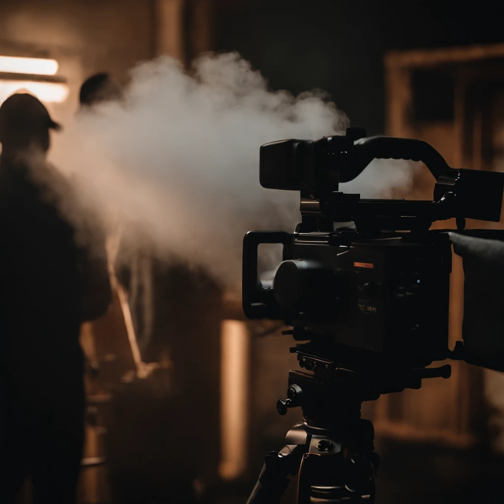 Crie a imagem de um set de filmagens com equipamento audiovisual e uma equipe trabalhando, The image should be nocturnal and have smoke coming out of smoke machines