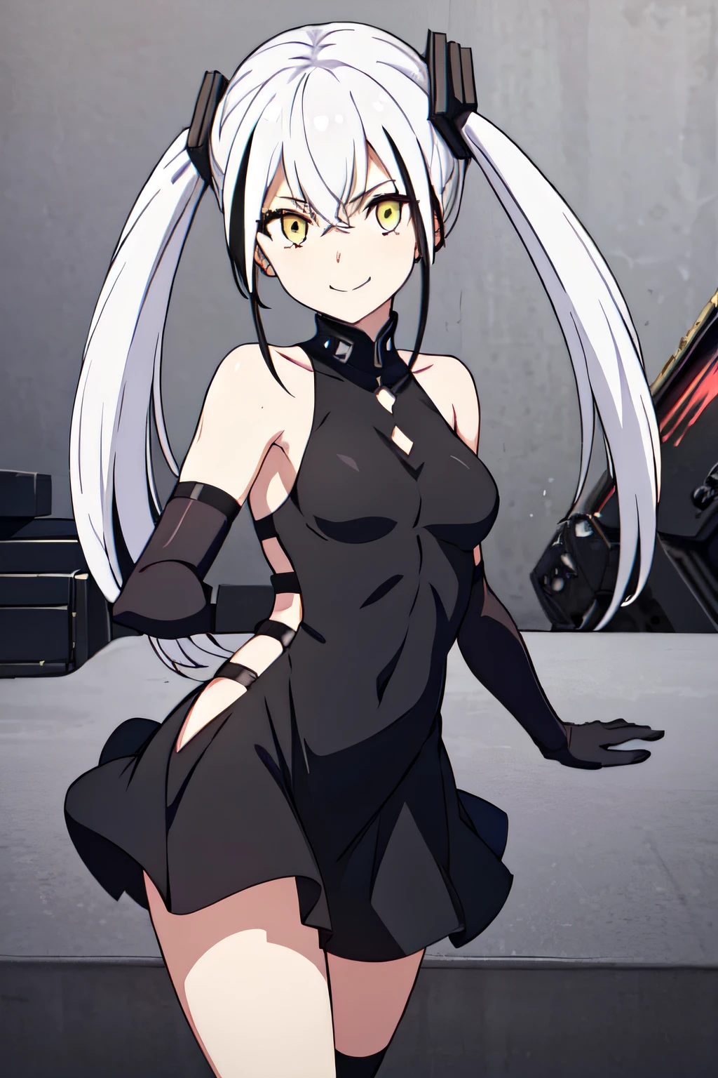 1GIRL,DESTROYERNORMAL,WHITE HAIR,TWINTAILS,STREAKED HAIR,HAIR ORNAMENTS,SANGVIS FERRI,BLACK SHORT DRESS,YELLOW EYES,BARE SHOULDERS,SLEEVELESS,GLOVES,HIP CUTOUT,MEDIUM BREASTS,MECHANICAL LEGS, 1girl, solo, upper body, facing viewer, looking at viewer, smile.