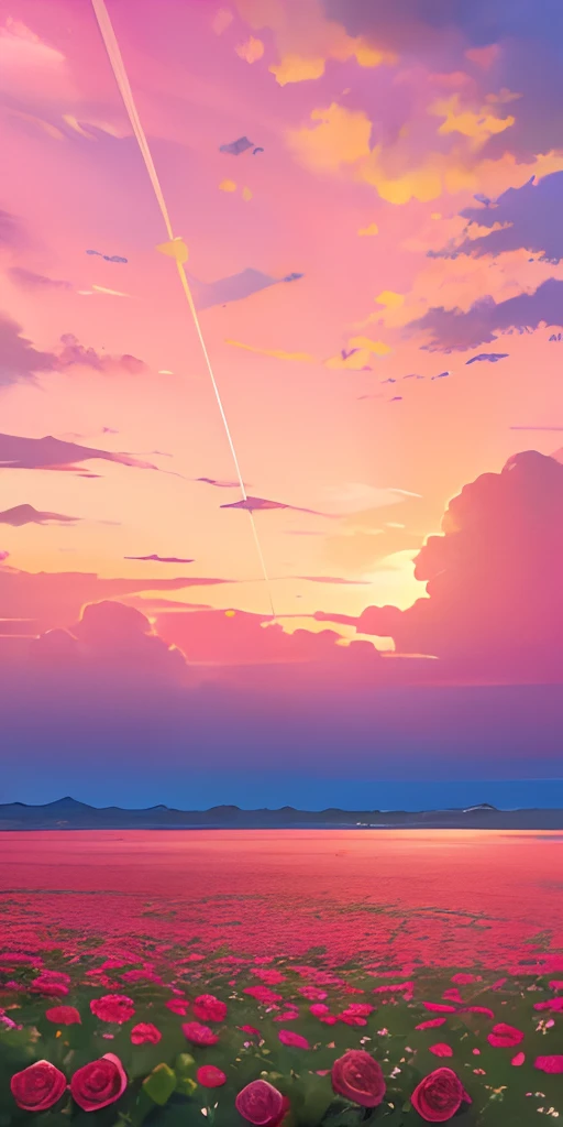 Summer, desert, pink clouds, a land overgrown with roses, James Gurney, art station rendering, ultra-wide lens, high definition