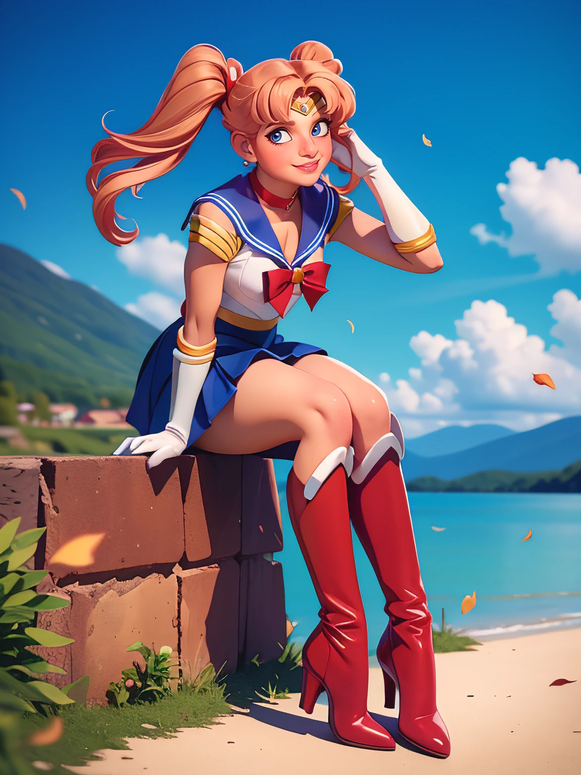 (8k, RAW photo, best quality, masterpiece:1.2), (ultra highres:1.0), detailed illustration, detailed, (realistic, photo-realistic:1.37), detailed beautiful skin, sailor moon, (1 girl: 1.2),(full body:1.2),(hand of Guido Daniele:1.2), slim body, cute, happy, long hair, long leg, cleavage,blue skirt,red bow,blue eyes,blond hair,twin tails,hair bun,hair ornament,blue sailor collar, red choker, red boots, high heels, sailor senshi uniform, white gloves,tiara,elbow gloves,pleated skirt,knee boots blue sky, beautiful sky, (scenery), lake, falling petals, falling leaves, cowboy shot, SAILOR MOON costume.