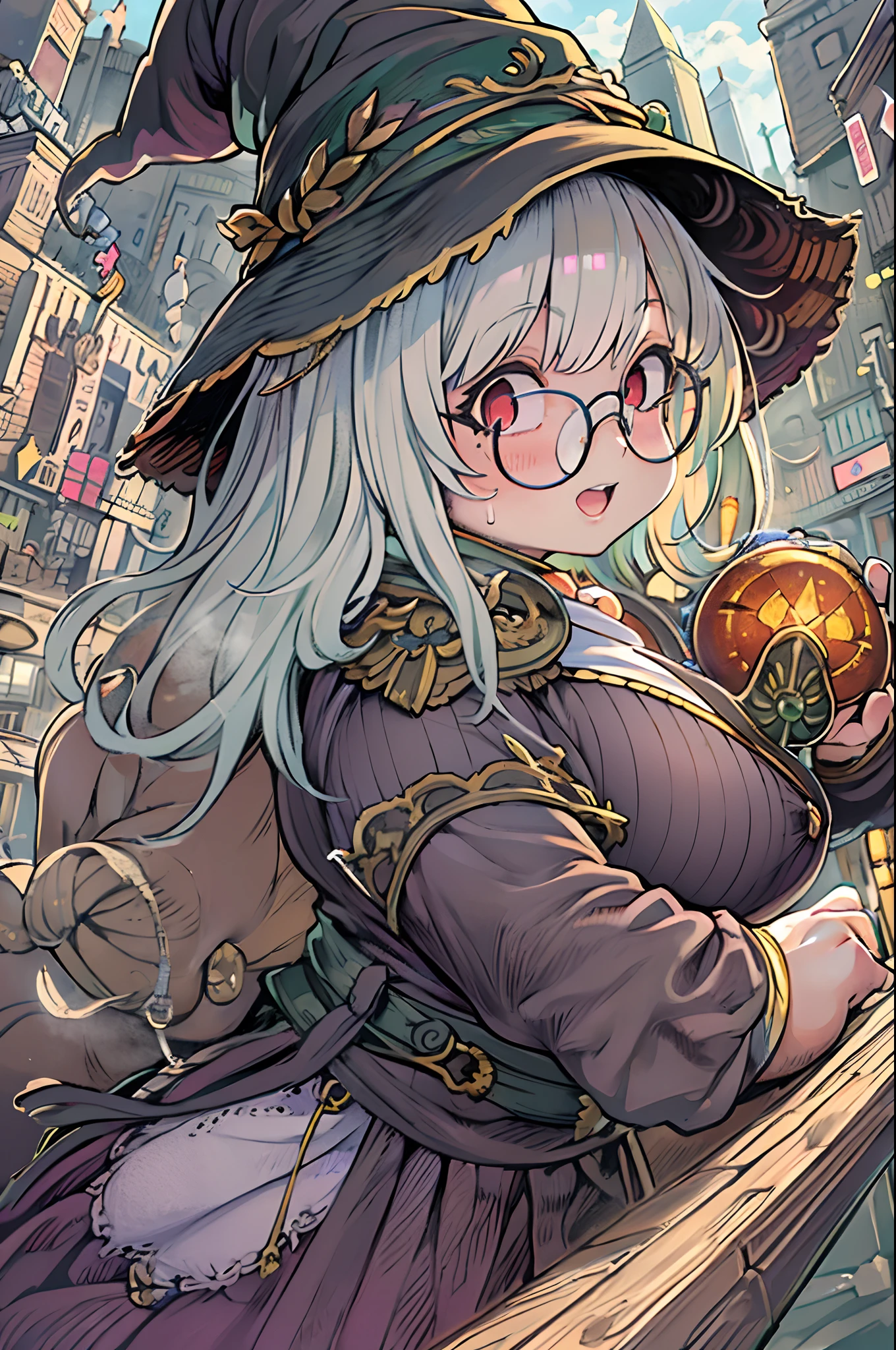 Fantasy,magic power,Realistic Girl Witch、bbw、huge-breasted、Anime style、Round glasses、Medieval cityscape