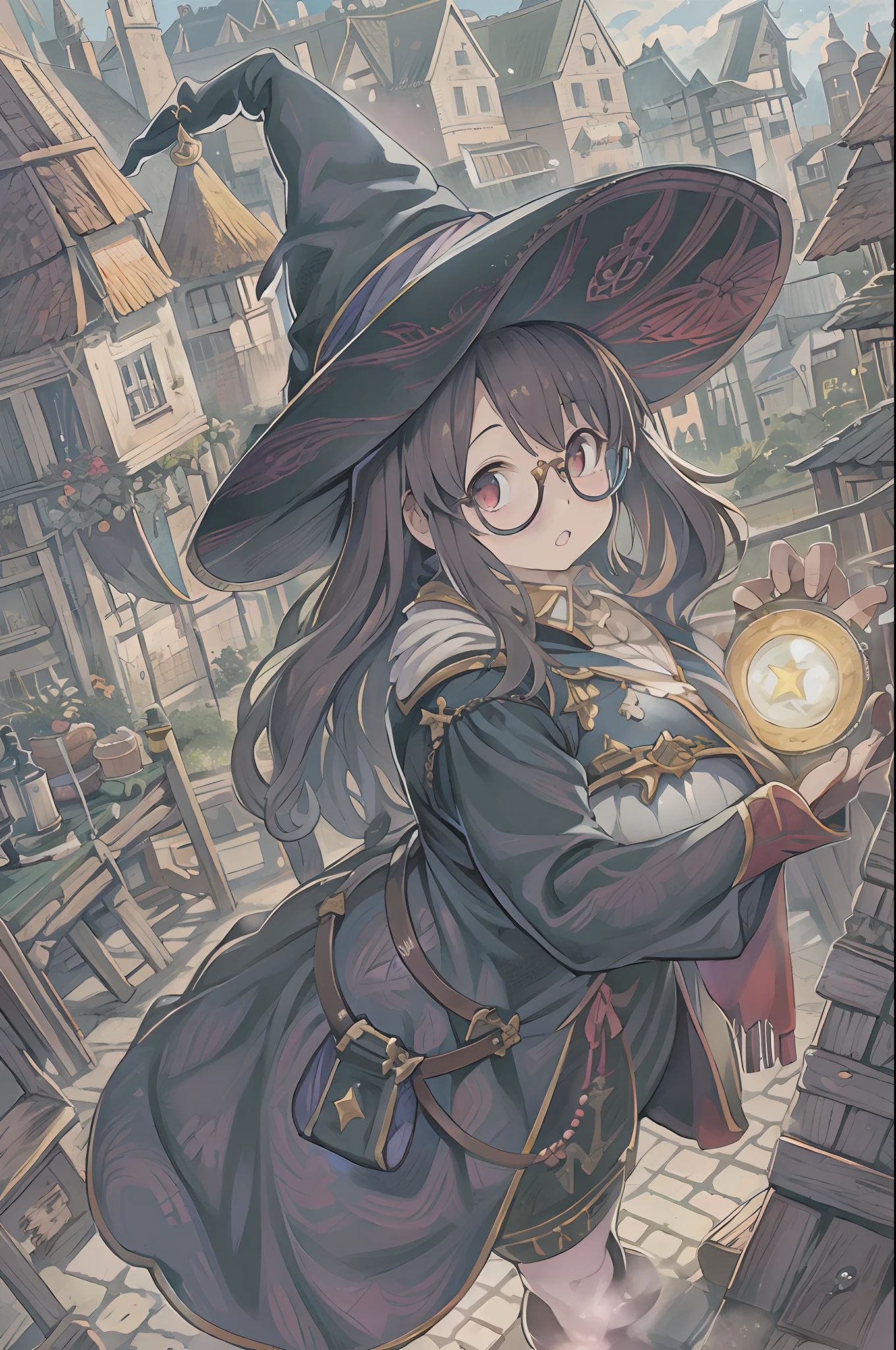 Fantasy,magic power,Realistic Girl Witch、bbw、huge-breasted、Anime style、Round glasses、Medieval cityscape