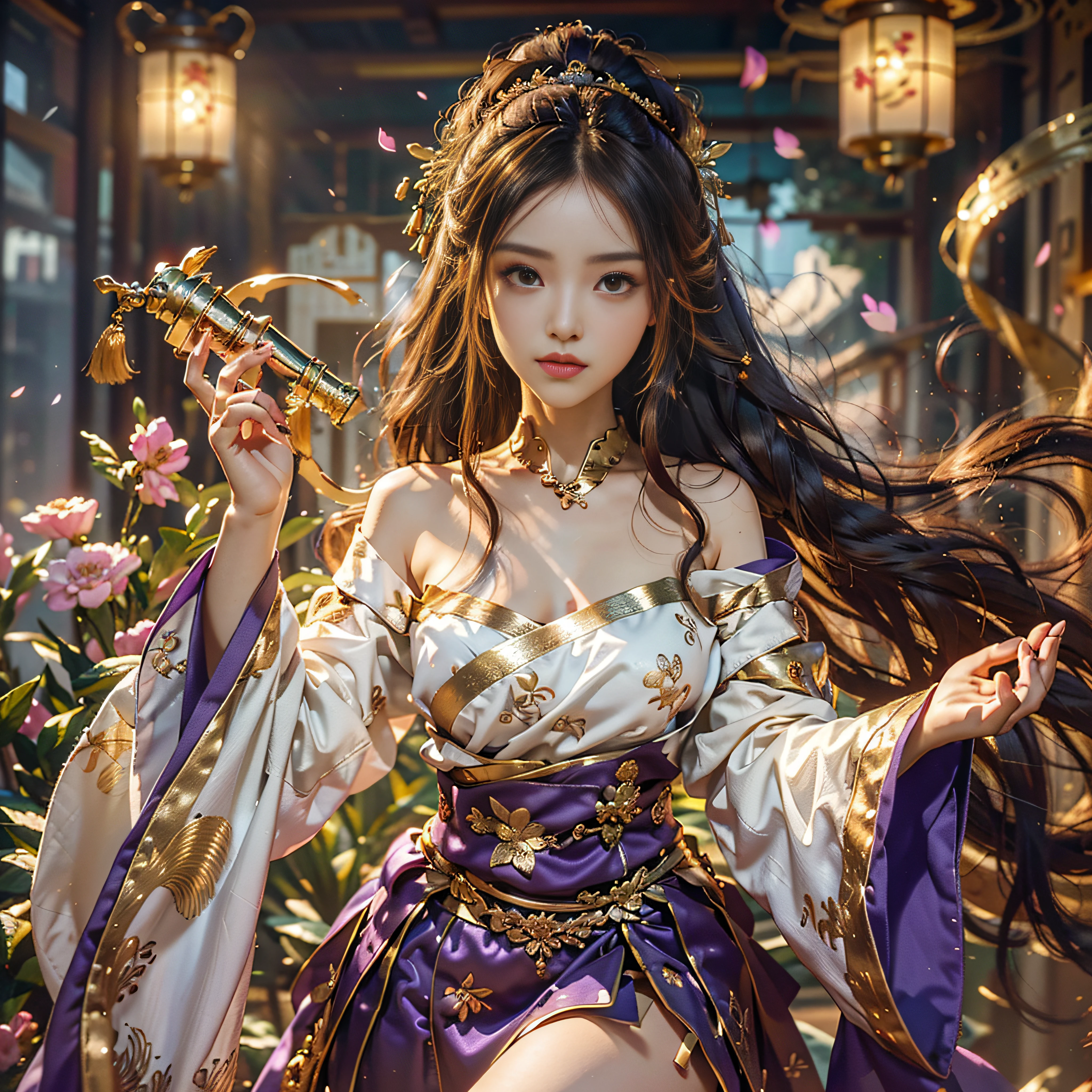 Superb quality, masutepiece, High resolution, (exquisite body: 1.5), Beauty, Bare shoulders, Oversized breasts (2.5) Wide buttocks, thin waist, stunning beauty, (milky skin: 1.3), exquisitedetails, High resolution, Wallpaper, 1 woman, Solo, Dress, Hair Accessories, (((Golden purple skirt)), flower, Long hair, Brown hair, Shut up, Accessories, Long sleeves, Raised hands, Wide sleeves, Big eyes, Flowing hair, Hanfu, Hanfu, embroidery, long-one-piece dress, Natural pose, Falling petals, Indoor, Fanning, lantern, 16 K, nffsw, High resolution, depth of fields, (Film grain: 1.1), buttock, prime time, (Lens Flare), vignetted, rainbow, (colour grading: 1.5)
