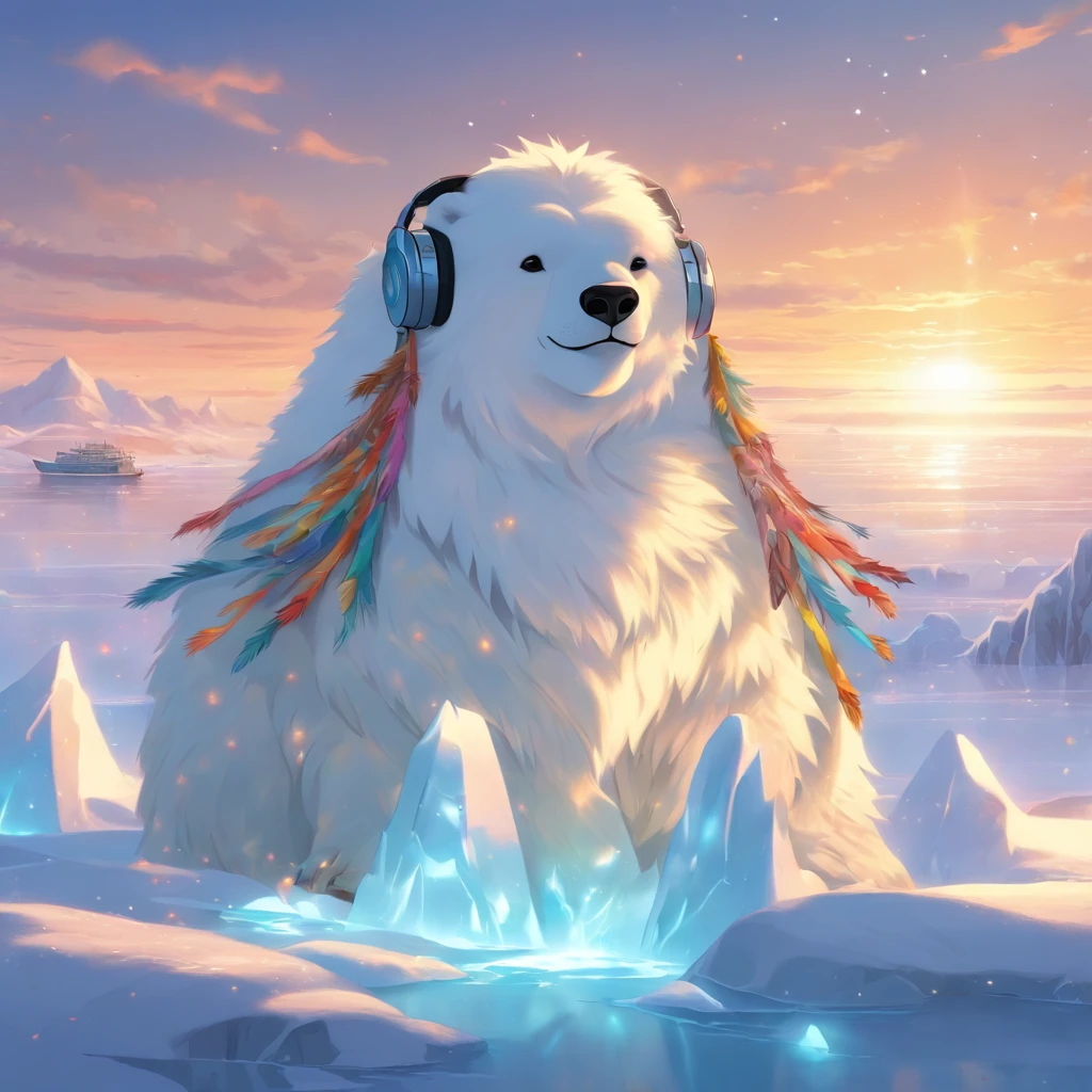Spring Tundra, Clear sky and blowing wind blow hair, Birds are flying, Staroyakutsk-Chukchi, Aleutian, in national clothes made of animal skins and fur with bright colored ornaments, Hood with fur folded back, The wind develops bright ribbons with national beaded patterns, Sits on a large genuine leather bag, On a huge ice floe of iceberg next to a small jukebox, Smiling. On the ears are futuristic musical audio headphones with glowing wires for music. The ocean in the background. There are a lot of walruses nearby, Wild Polar Bears.  Masterpiece, hiquality, High Resolution, Detailed background, sun rising,