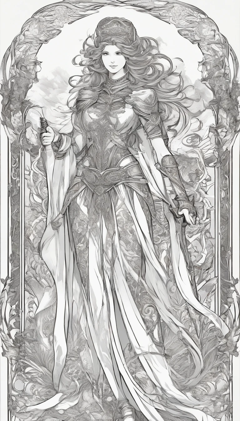 detailed armor, engraved metallic armor white and black with gold ascents , intricate designs on the armor, intricate armor engravings, imposing and powerful stance, fierce , flowing short white hair, dynamic pose, intense battle scene, fantasy setting, vibrant colors, dramatic lighting, epic atmosphere, mythical creatures in the background, magical effects surrounding the sword, attention to anatomy and facial features, iconic use of highlights and shadows, capturing emotion, masterful composition, portraying strong female characters.