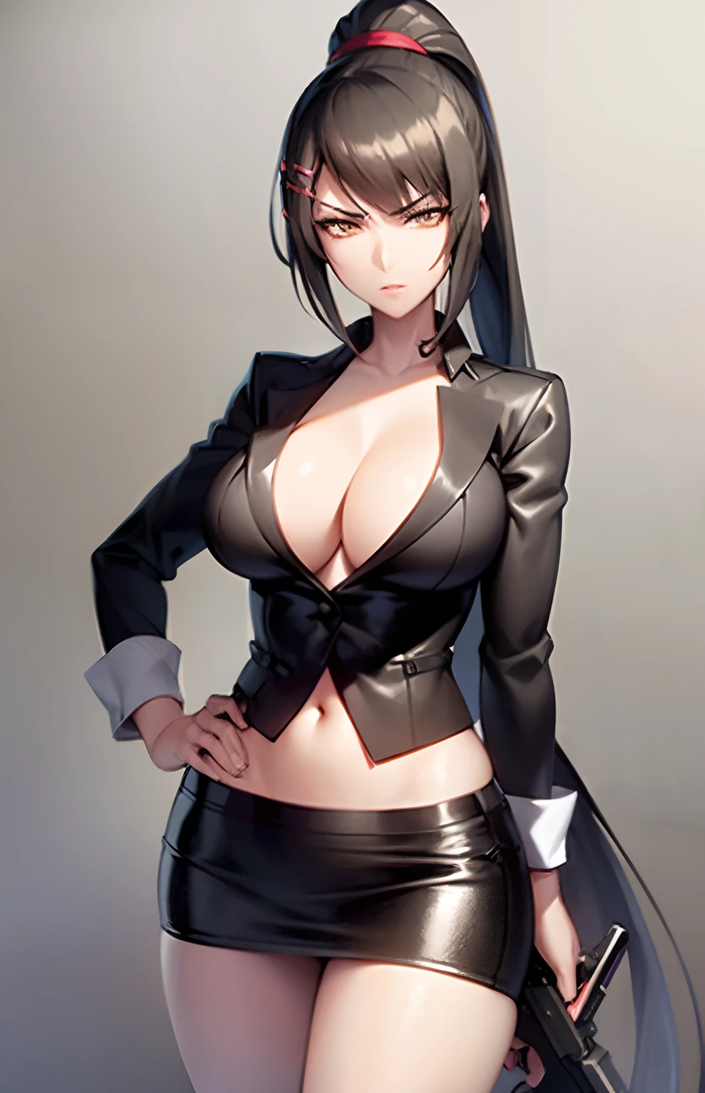 a close up of a person with a gun and a woman with a red background, nico robin, rumble roses, anya from spy x family, sexy gaze, (sfw) safe for work, badass pose, by Carlos Catasse, sharp foccus ilustration hq, style is a blend of æon flux, guns blazing, range murata and artgerm, anime girl with long black hair, beautiful long black haired girl, navel, evil expression, exposed belly, exposed navel, exposed midriff, exposed lower belly