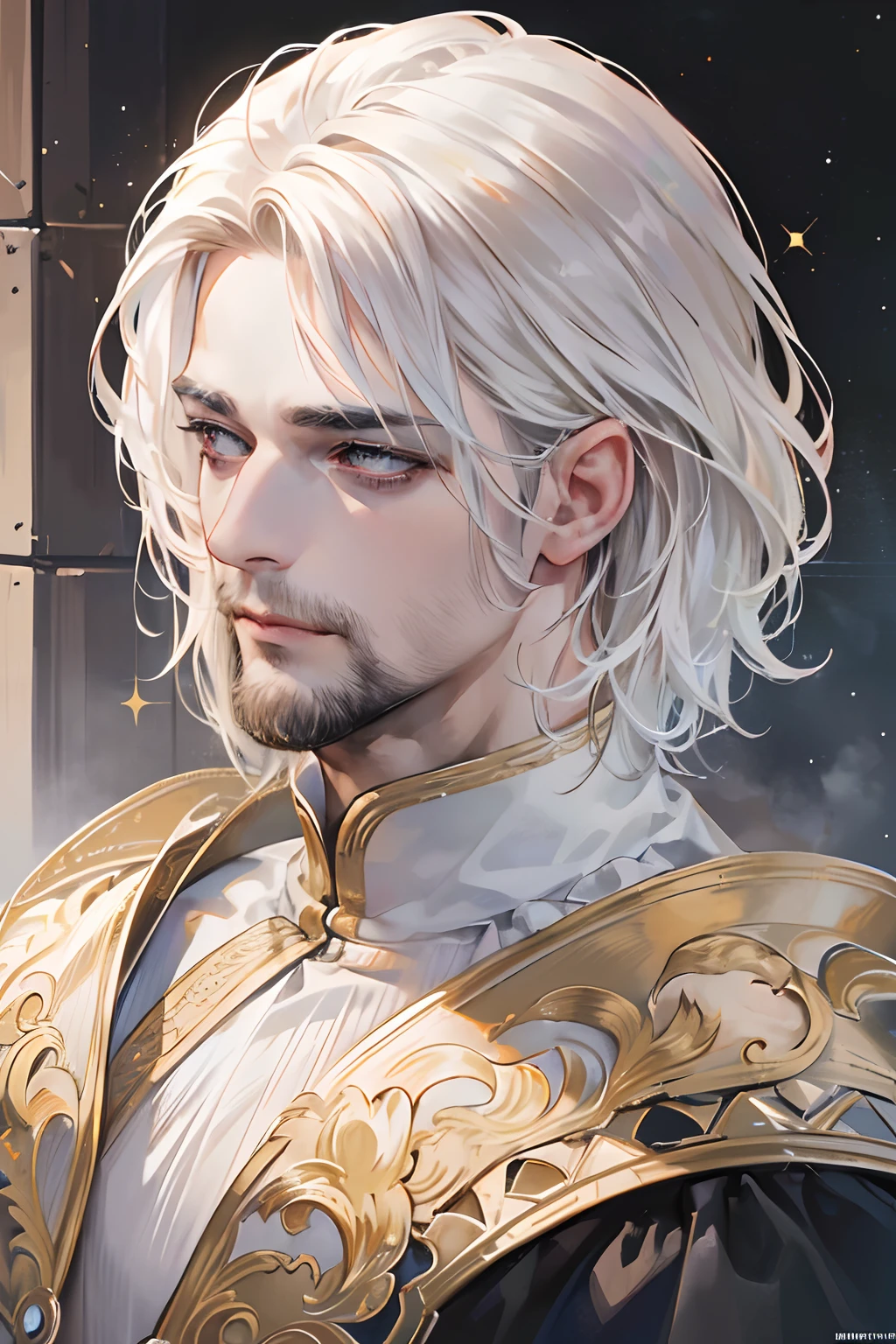 (Best Quality: 1.5)), ((Masterpiece: 1.2)), ((Realistic Cartoon: 1.3)), ((Perfect Character: 1.5)): a stunning and realistic portrait of an manly and muscular man hunk, strong, very short hair, white hair, white beard, short beard, light beard, (pink eyes:1.0), paladin clothes, serious expression with ultra HD detail, detailed face and hair to the sparkle, hyper-detailed eyes, is meticulously rendered with exquisite attention to detail. The dynamic lighting, finely detailed light effects, and detailed hair make for an artwork that's truly a masterpiece. Eye level, scenic, (masterpiece: 1.2)