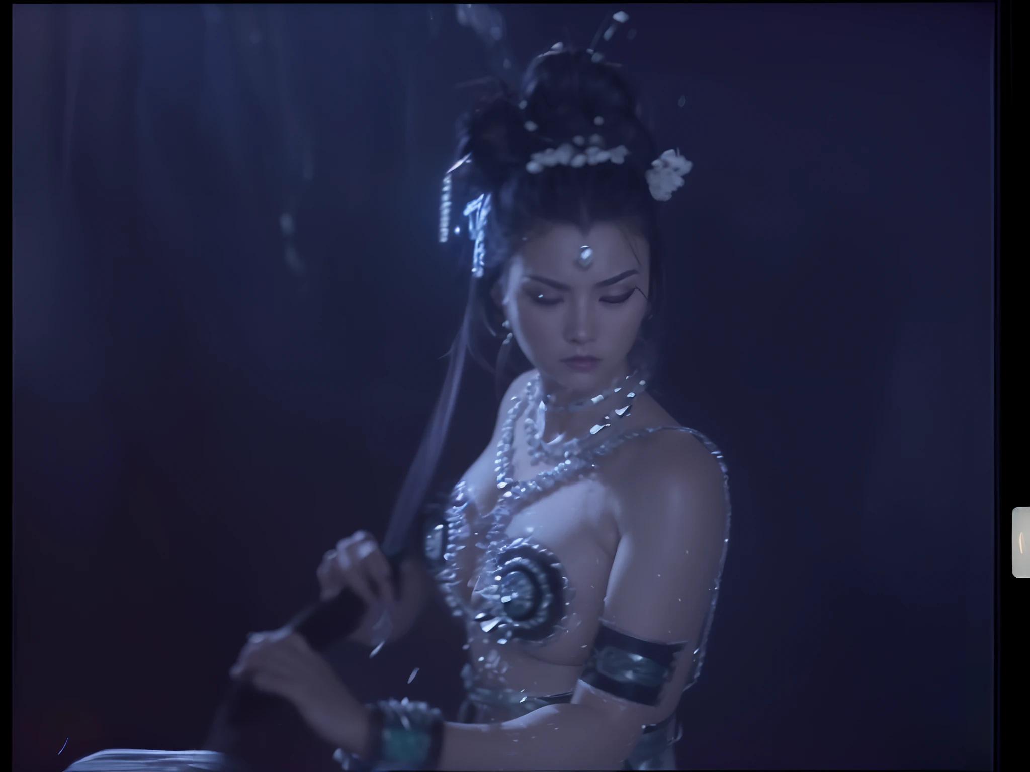 There is a scantily clad female ghost combing her hair, Big chest,Vicious, and charming,Bare chest,heavy makeups,exposed bare shoulders, Waist and back,The bra is round,There is a nacre chain on the body。Seductive,Seduce men,Cannibalism。submerged temple dance scene,In a cave,White bone essence,Li Tang hairstyle,fantasy movie still, cinematic goddess close shot,, scene from kagemusha, cinematic goddess shot, screenshots from movies, movie screencap, cinematic goddess body shot