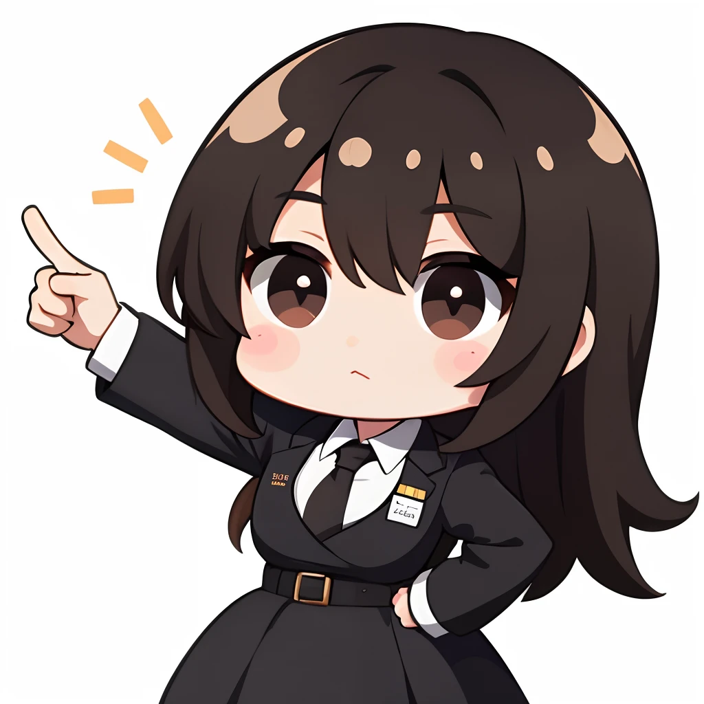 Female Teacher Solo, (twitch emote:1), Chibi, Brown hair, Black eyes, put up index finger, The upper part of the body, comic strip, simple background, a sticker, Thick black outline,Dress like a teacher,hair down,Brown hair,Hair over one eye,brown haired