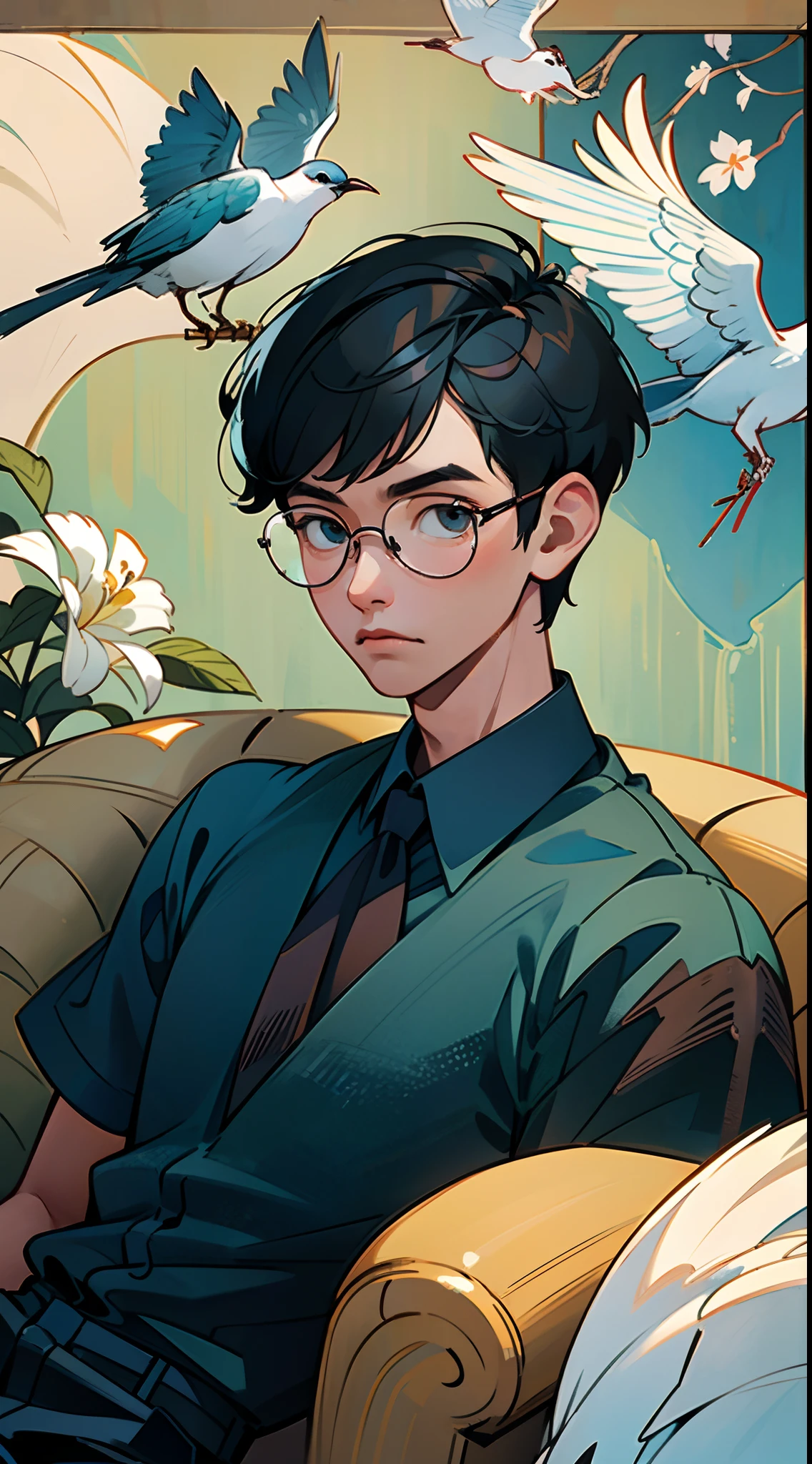 there is asian man sitting on a couch with birds flying overhead, frame-less glasses, best quality, realistic, 8k, photorealistic, award-winning illustration, (intricate details: 1.5), (delicate detail), (intricate details), perfect portrait composition, perfect expression, plieasant face, good looking face, a photorealistic painting by Mac Conner, pexels, realism, character, the man is wearing a blue shirt, The background is a painting of a wooden wall with a window, creating a contrast between the realistic and the artistic elements of the image.