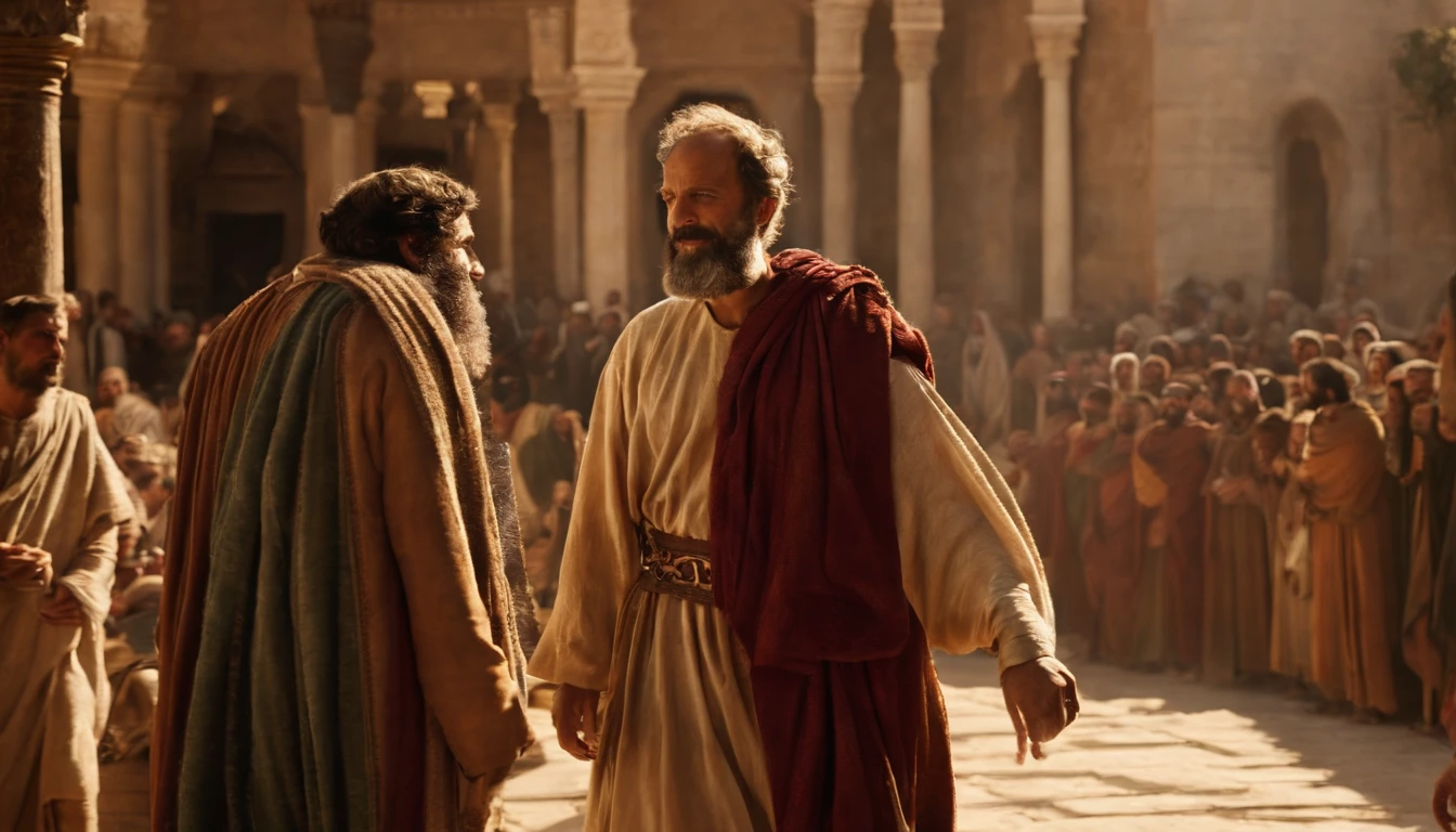 Apostle Paul and Barnabas, 1st century Palestinian scenes, detailed photo, detailed faces, high definition photo.
