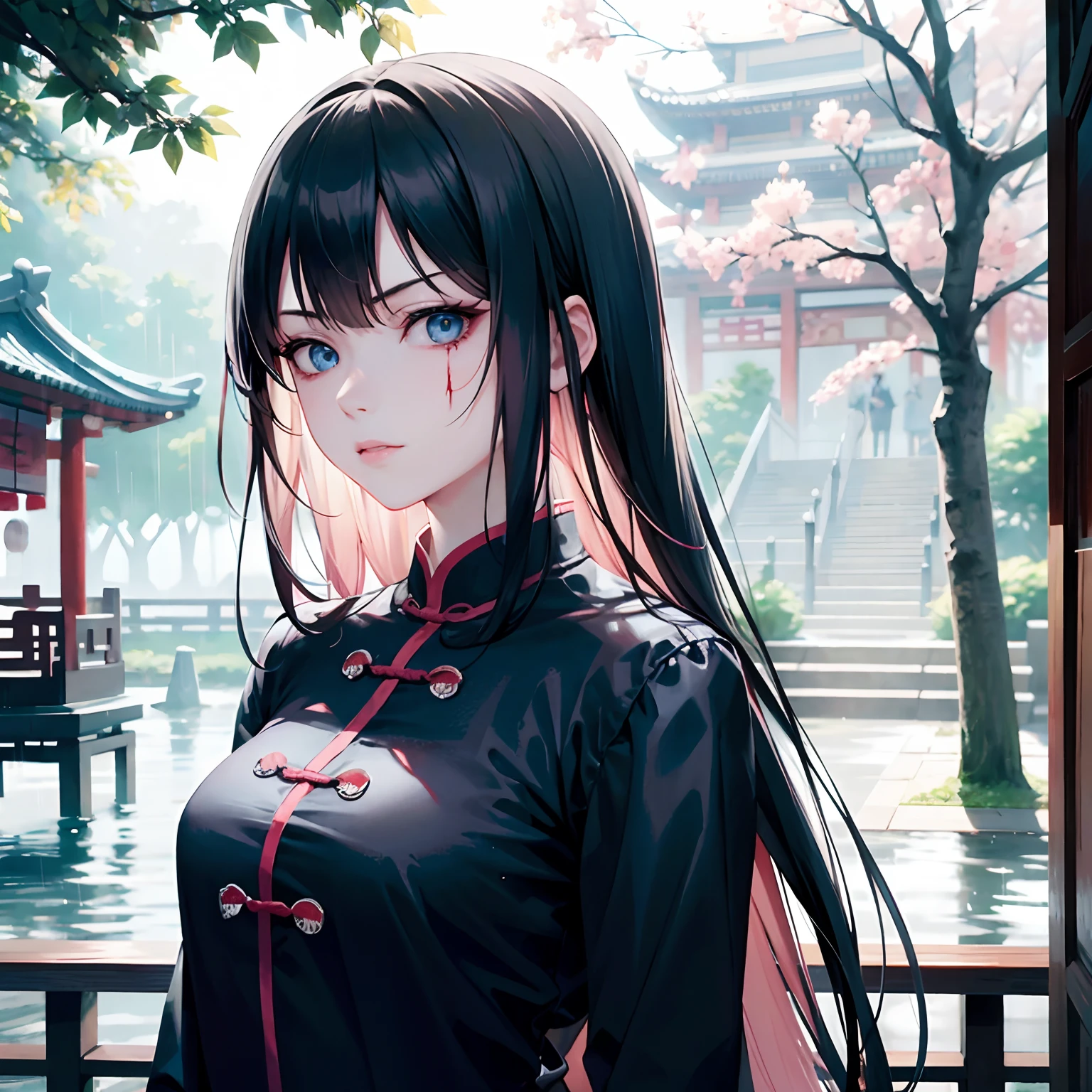 masutepiece, Best Quality, Night, Outdoors、rainy day, Branches, Chinese style, Ancient China, 1 woman, Mature Woman, Women with long hair, blue eyess, Light pink lips, Cold, Serious,Bangs, Assassin White Clothes, Black clothing pattern, blood stain, Blood, harm, Blood on the face, Blood on clothes, Rain, Fine face, Fine face