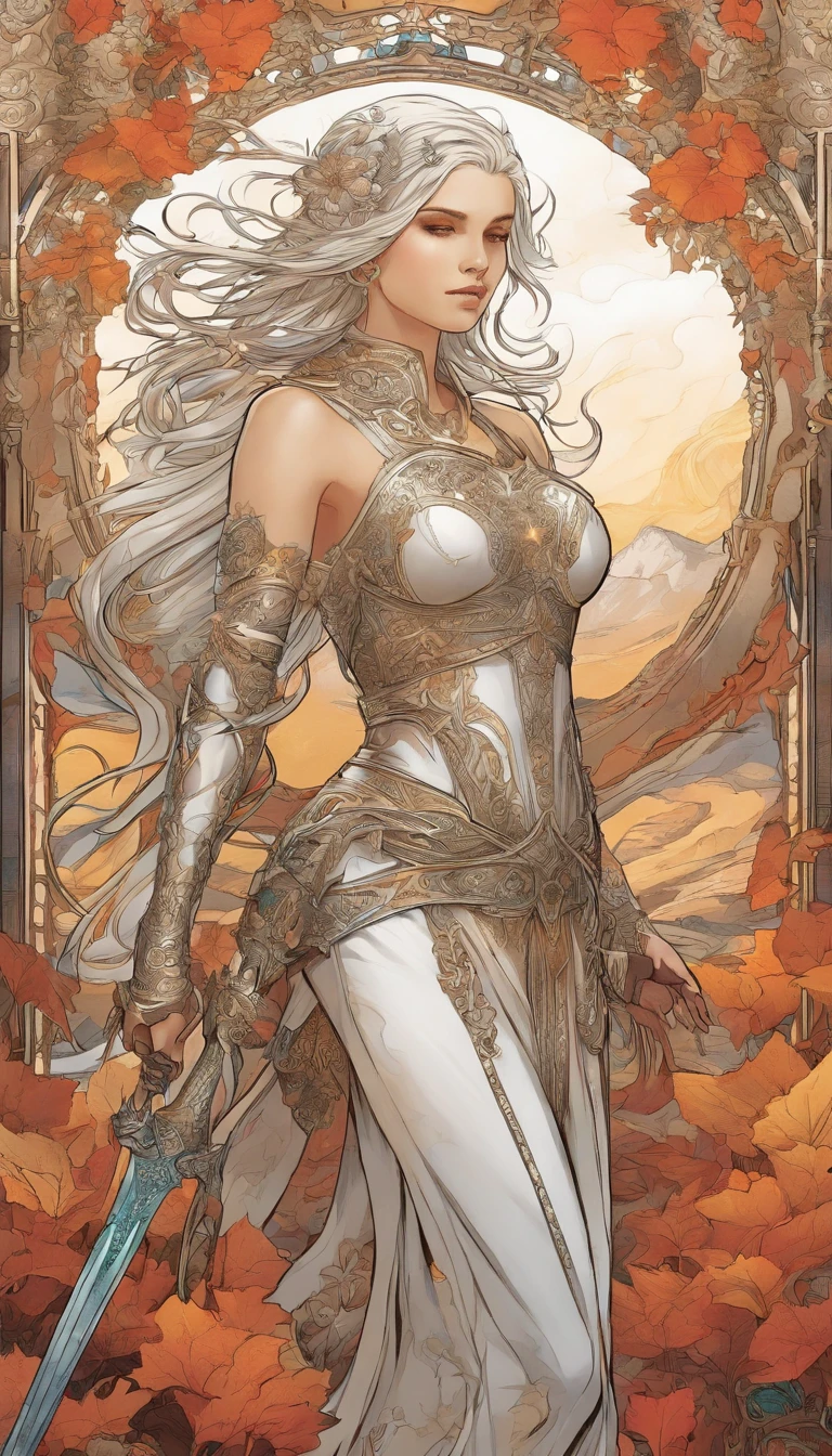 Vivid colors, detailed armor, engraved metallic armor, intricate designs on the armor, intricate armor engravings, imposing and powerful stance, fierce , flowing short white hair, dynamic pose, intense battle scene, fantasy setting, vibrant colors, dramatic lighting, epic atmosphere, mythical creatures in the background, magical effects surrounding the sword, attention to anatomy and facial features, iconic use of highlights and shadows, capturing emotion, masterful composition, portraying strong female characters.