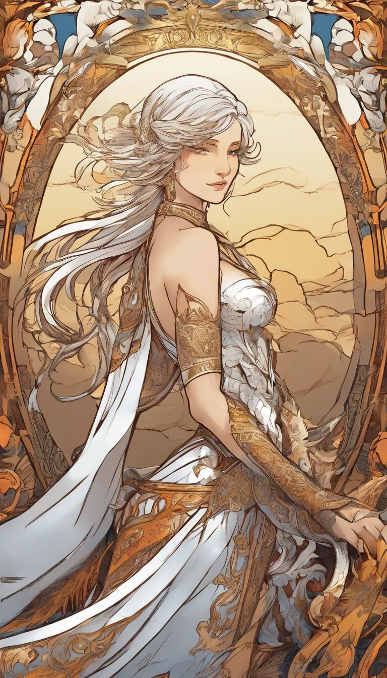 Vivid colors, detailed armor, engraved metallic armor, intricate designs on the armor, intricate armor engravings, imposing and powerful stance, fierce , flowing short white hair, dynamic pose, intense battle scene, fantasy setting, vibrant colors, dramatic lighting, epic atmosphere, mythical creatures in the background, magical effects surrounding the sword, attention to anatomy and facial features, iconic use of highlights and shadows, capturing emotion, masterful composition, portraying strong female characters.
